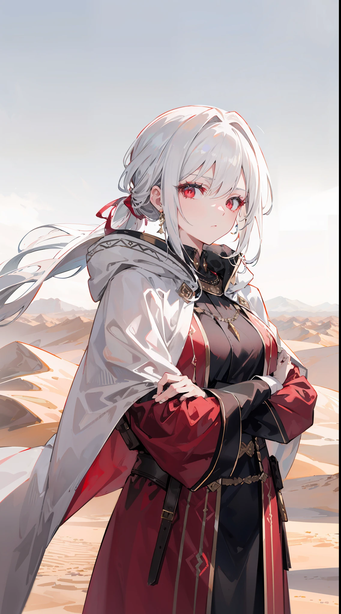 "Epic desert daylight atmosphere, stunning 4k artwork showcasing an elegant mature lady with her white hair tied up. Her deep red eyes pierce through the scene as she gracefully dons a white heroine cloak and hood in the midst of the vast desert."