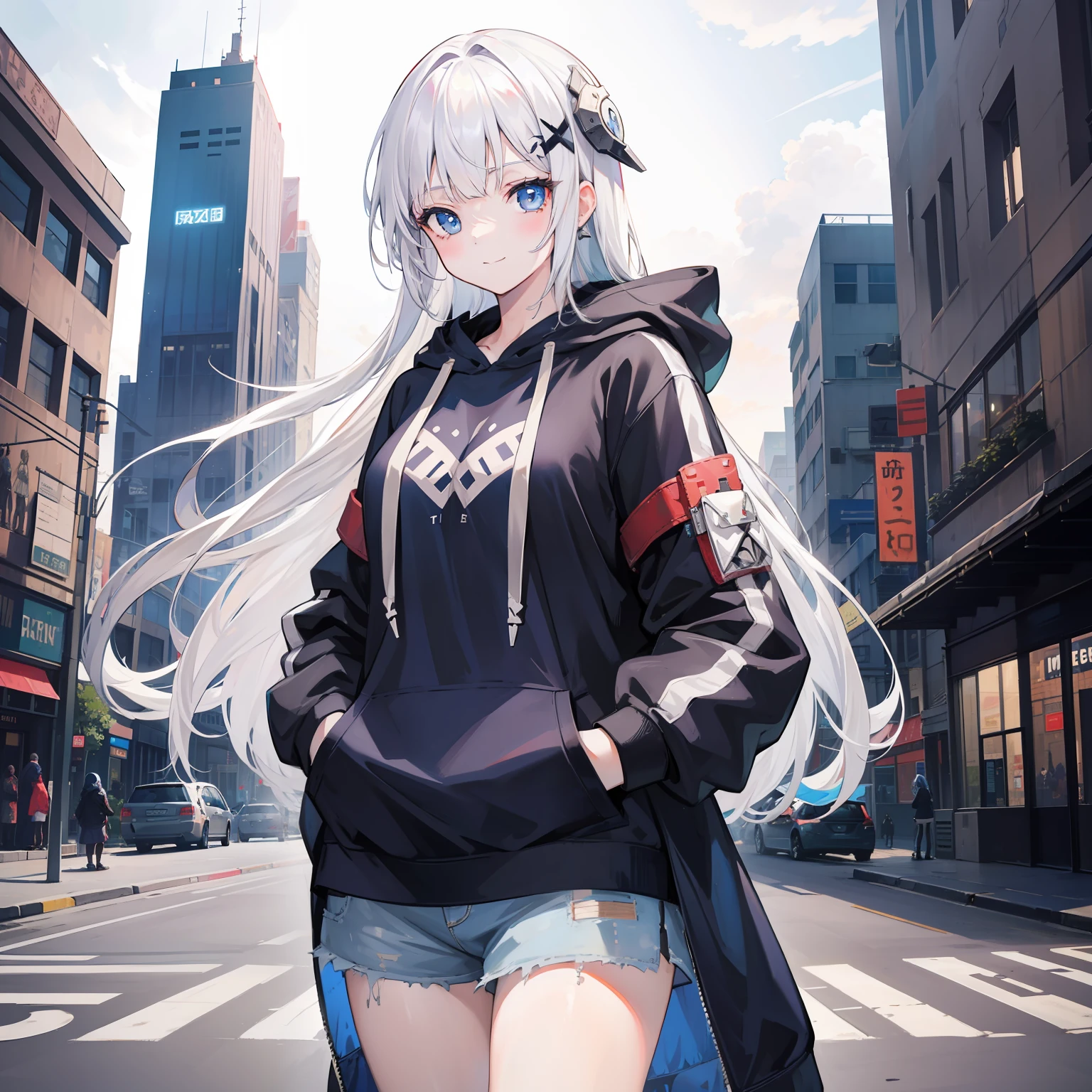 1girll, Large breasts,stitched face, patchwork skin, Closed mouth, Long_Hair, Light smile,City,street, White hair, ,stitched_face,Patchwork_skin,Cowboy shot,( Hoodie),(Hand in pocket),