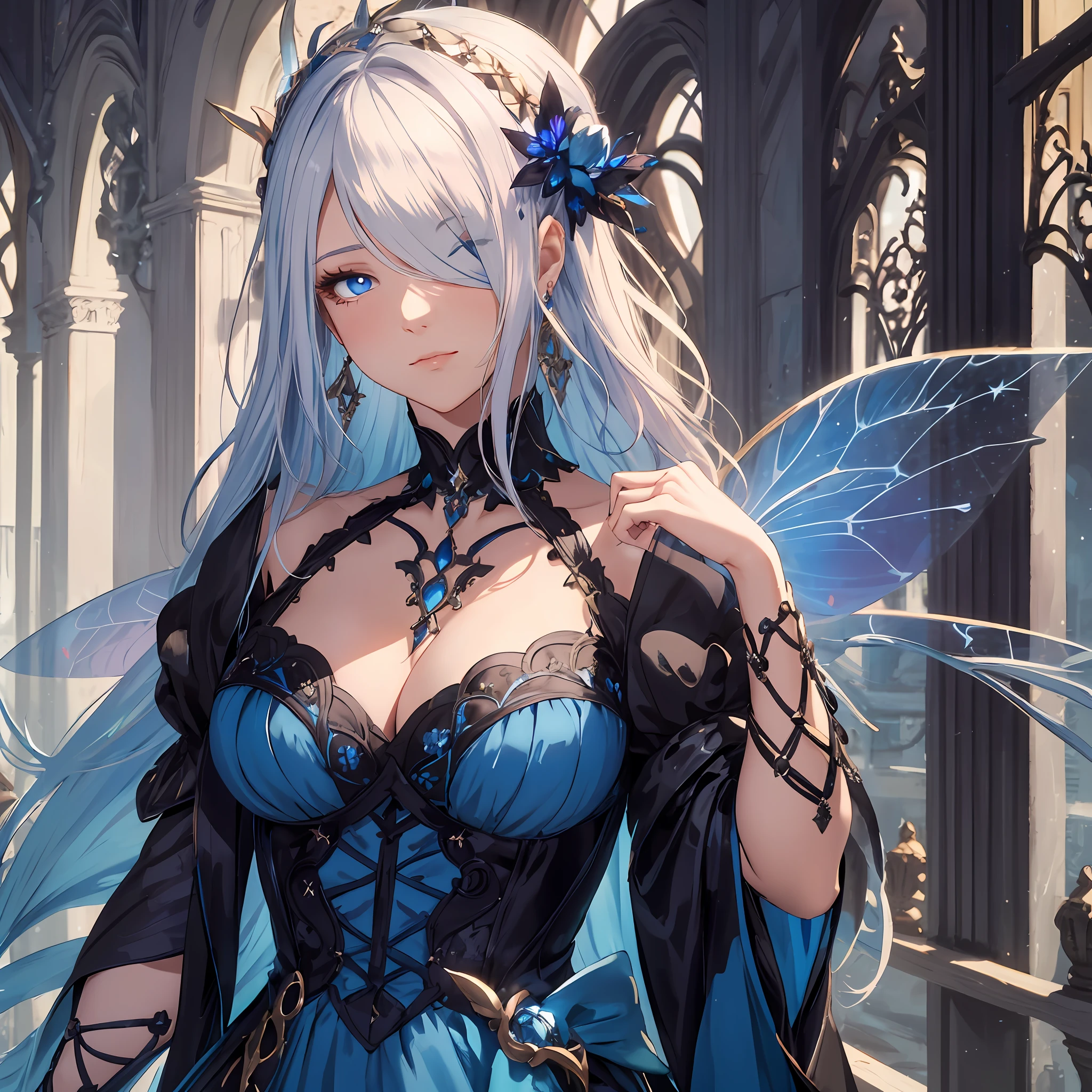 masterpiece, best quality, 1woman, adult, female focus, solo, bluish white hair, long hair, eye covering bangs, one eye covered by hair, vibrant blue eyes, looking at viewer, closed mouth, Fantasy aesthetics, Highly detailed, shadowverse style, fairy dress outfit, thick thigh, earring, human ear, fairy wings