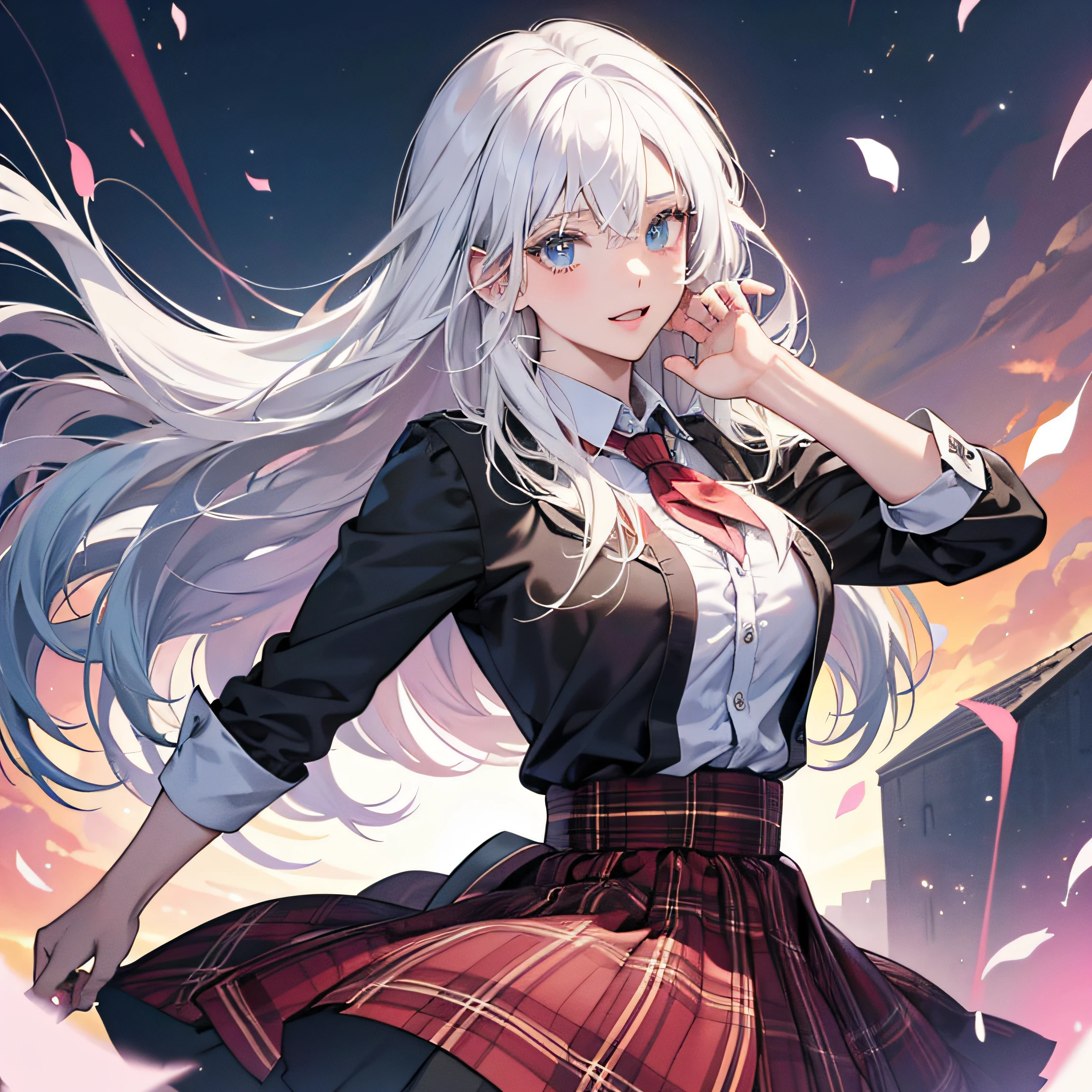 hyper-detailing,A high resolution,Best quality anime manga,Depicts a school girl with white hair,Image in a plaid skirt。 --auto