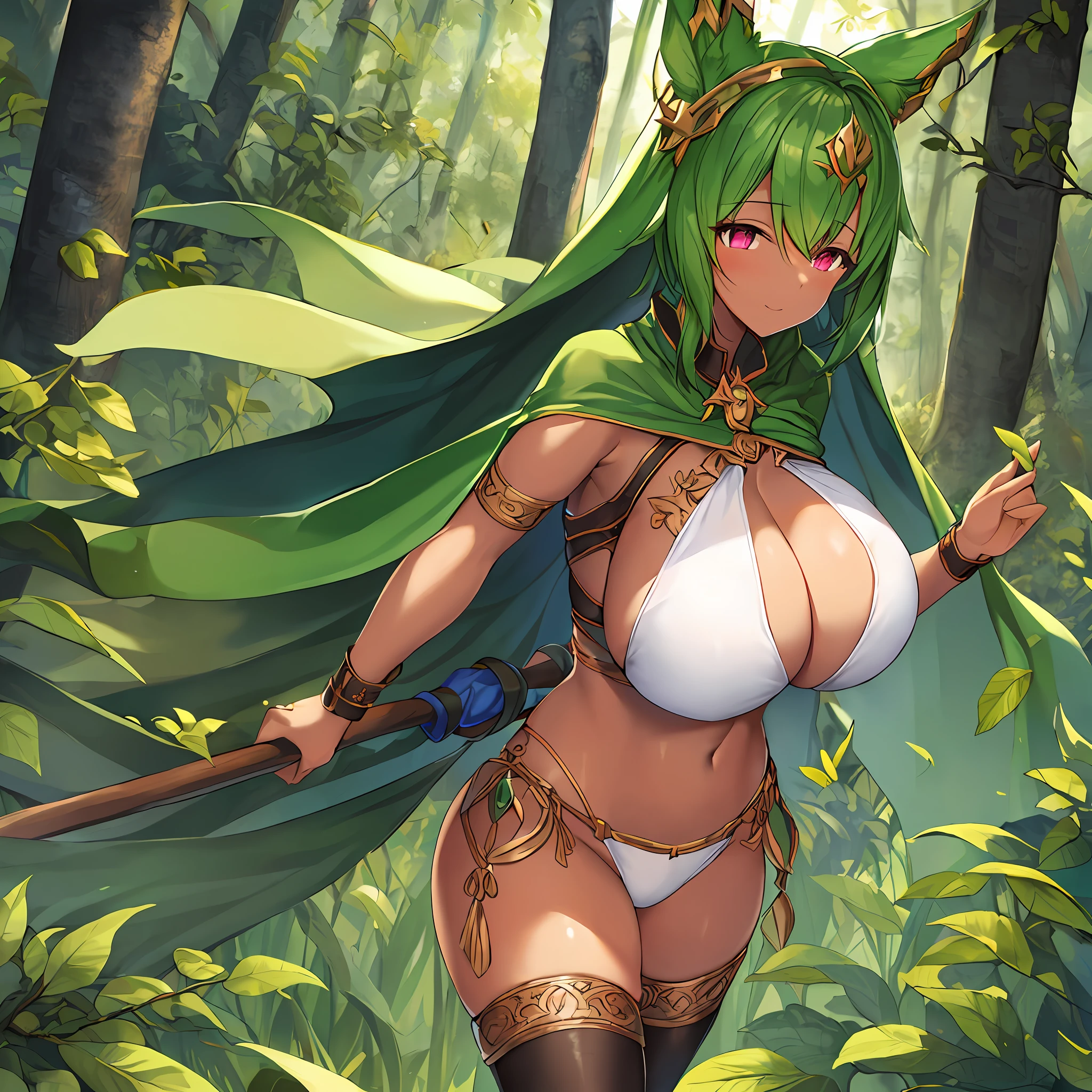 fantasy, 1forest_elemental_girl, tiny,(dark_skin)0.9, (using_leaves_clothes, green_leaves_covered_breasts, leaves_covered_pussy)+++,(gigantic_heavy_tits:1.1), walking, (smile, sleepy)+, medium_hair, navel oil, (winding_vine_around_torso)++, forest_background, leaves_headgear, green_leaves_cape, spread_arms, large_staff, leaves_thighhighs, big_ass,solo