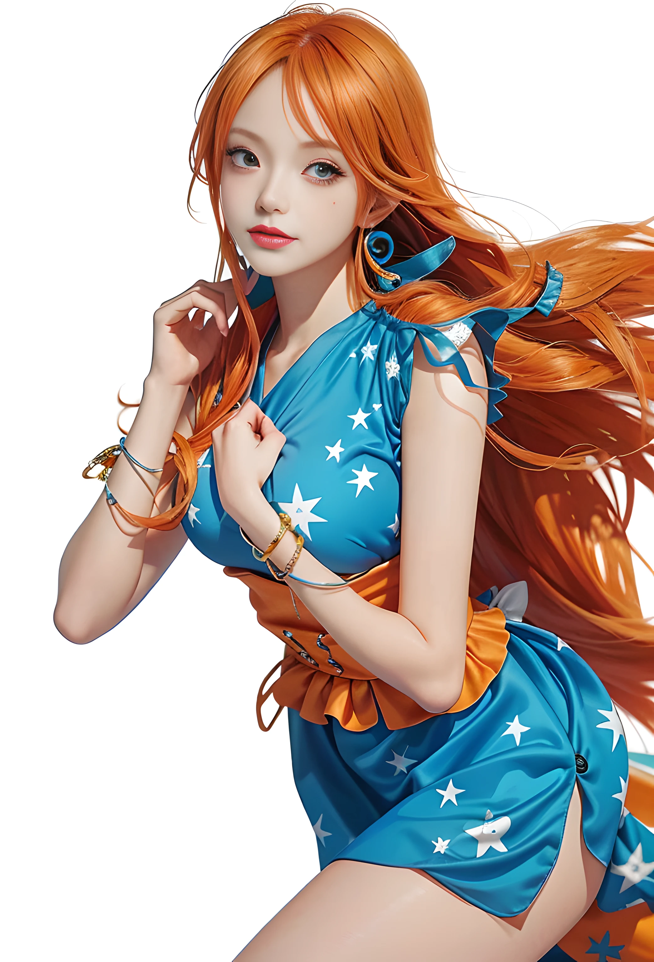 Close up of a woman in a blue dress and orange hair, nami one piece, nami from one piece, beautiful portrait of nami, Nami, from one piece, One Piece, One Piece style, offcial art, asuka as a surfer model, Mai Yoneyama, marin kitagawa, maya takamura, official character art