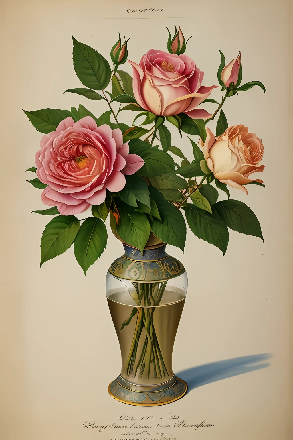 (best quality:1.2), (detailed:1.2), (masterpiece:1.2), vintage botanical illustrations of Larger Provence Rose (1770 1775) in high resolution by John Edwards