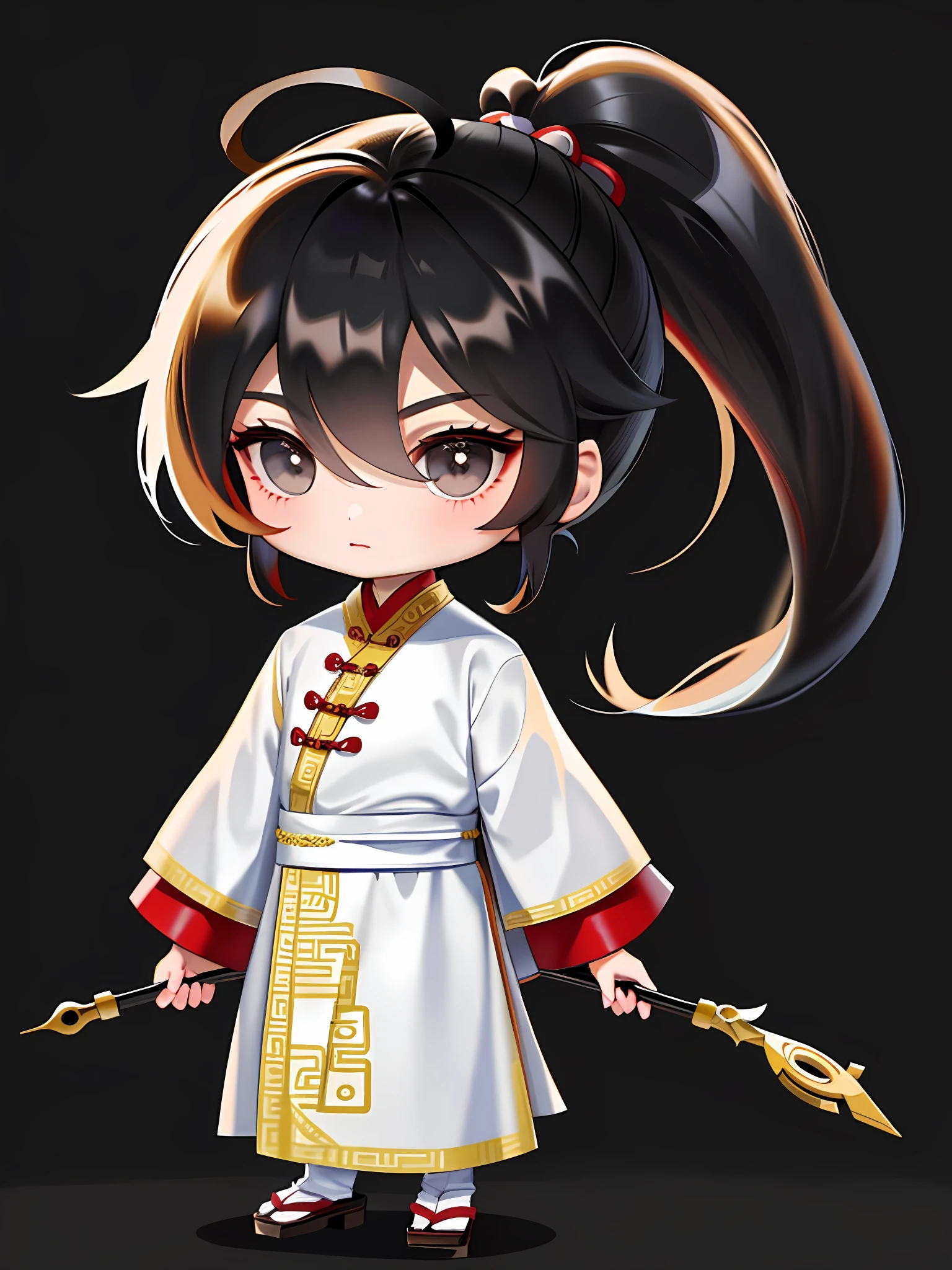 Masterpiece, Superb Piece, (1 boy: 1.8), (Chibi: 1.8), standing, sideways, (ancient Chinese clothes: 1.2), long black hair, ponytail, black eyes, white background, simple background