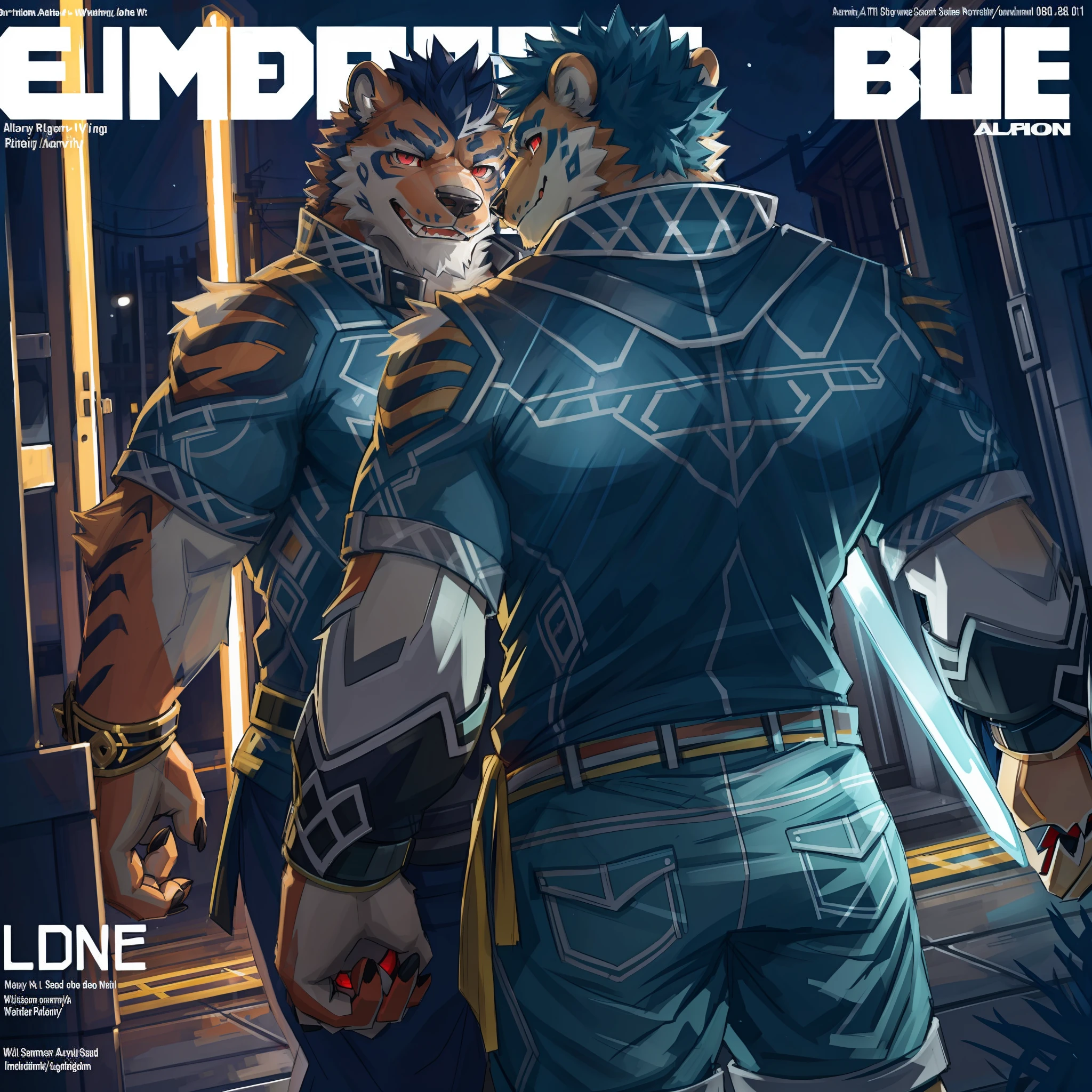 Shota, bear, blue fur, navy hair, muscular, yandere, evil expression,close up, masterpiece, detail, epic shading, red glow eyes, (Same character, front, back), (full body), magazine cover