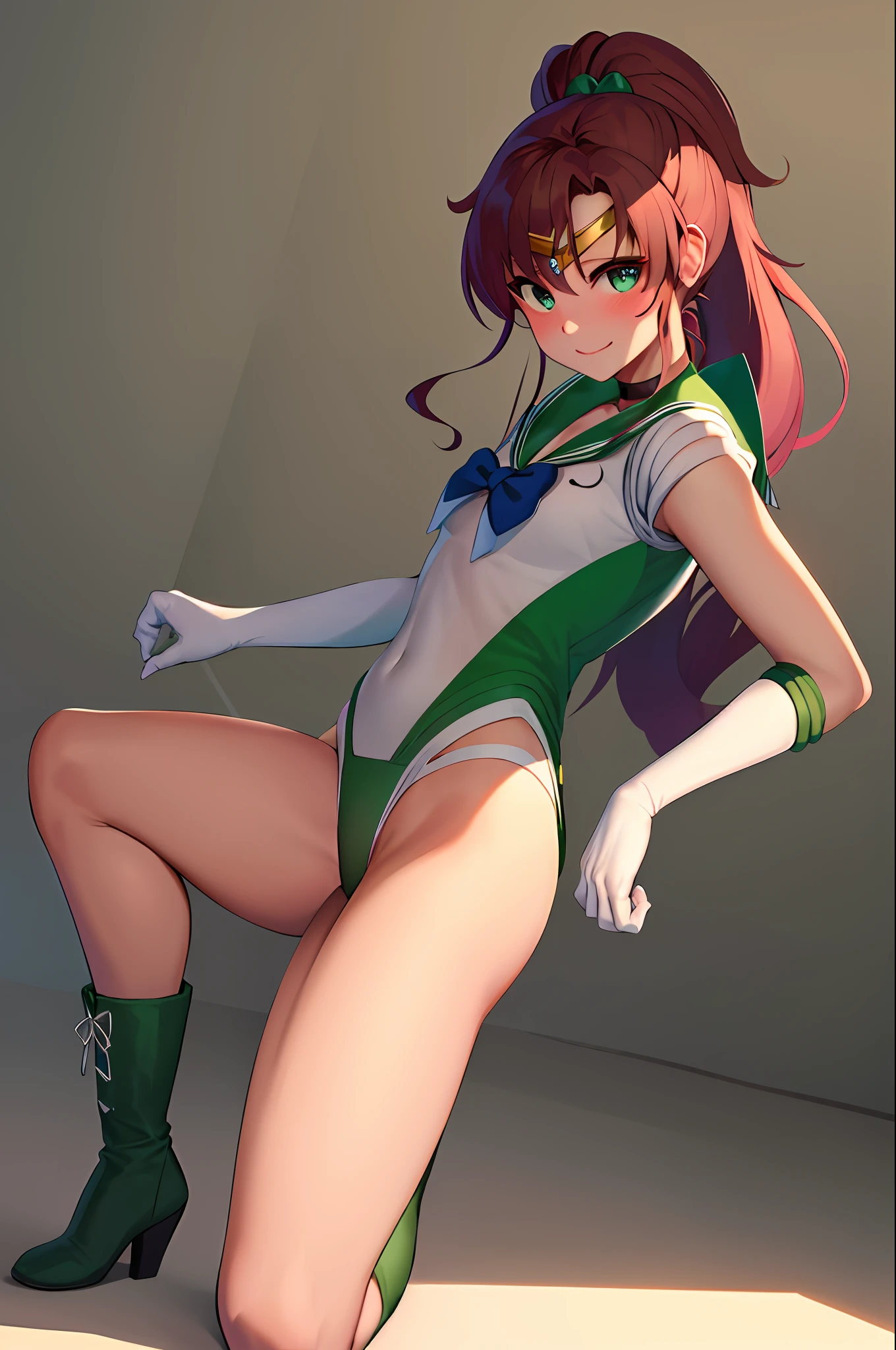 ​masterpiece, top-quality, Hi-Res, hmjupiter, verd s eyes, poneyTail, tiarra, jewely, Sailor Senshi Uniform, Green sailor color, a choker, elbowgloves, white glove, pink bows, brooches, Leotard, Green skirt, Green short boots, pin heels, full body Esbian, natta, a moon, A smile, embarrassed from, red blush, Squatting on the ground, ((Open your crotch wide from side to side:1.4)), ((Arms behind your head:1.3)), ((Show off both sides:1.3)), gazing at viewer, ((Face the viewer:1.3)), ((Open your crotch wide to the viewer:1.5)),  ((Shooting from the front of the body:1.5)), Low camera position, (Sheer:1.5)