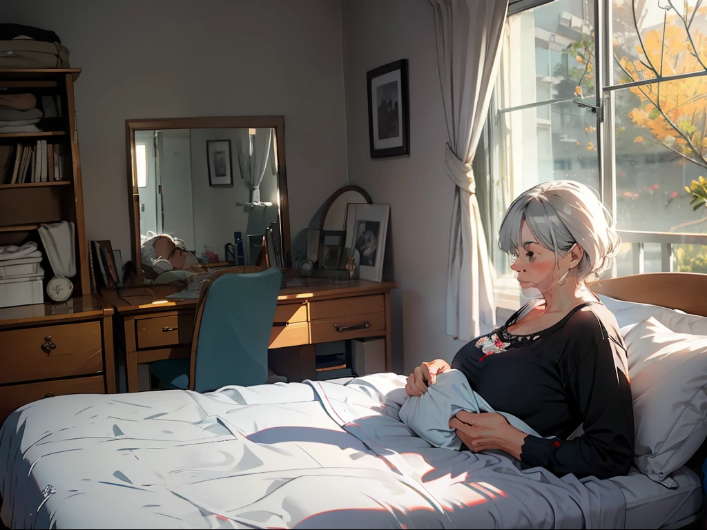 (A gray-haired grandmother lay on the bed),Shabby room with background
