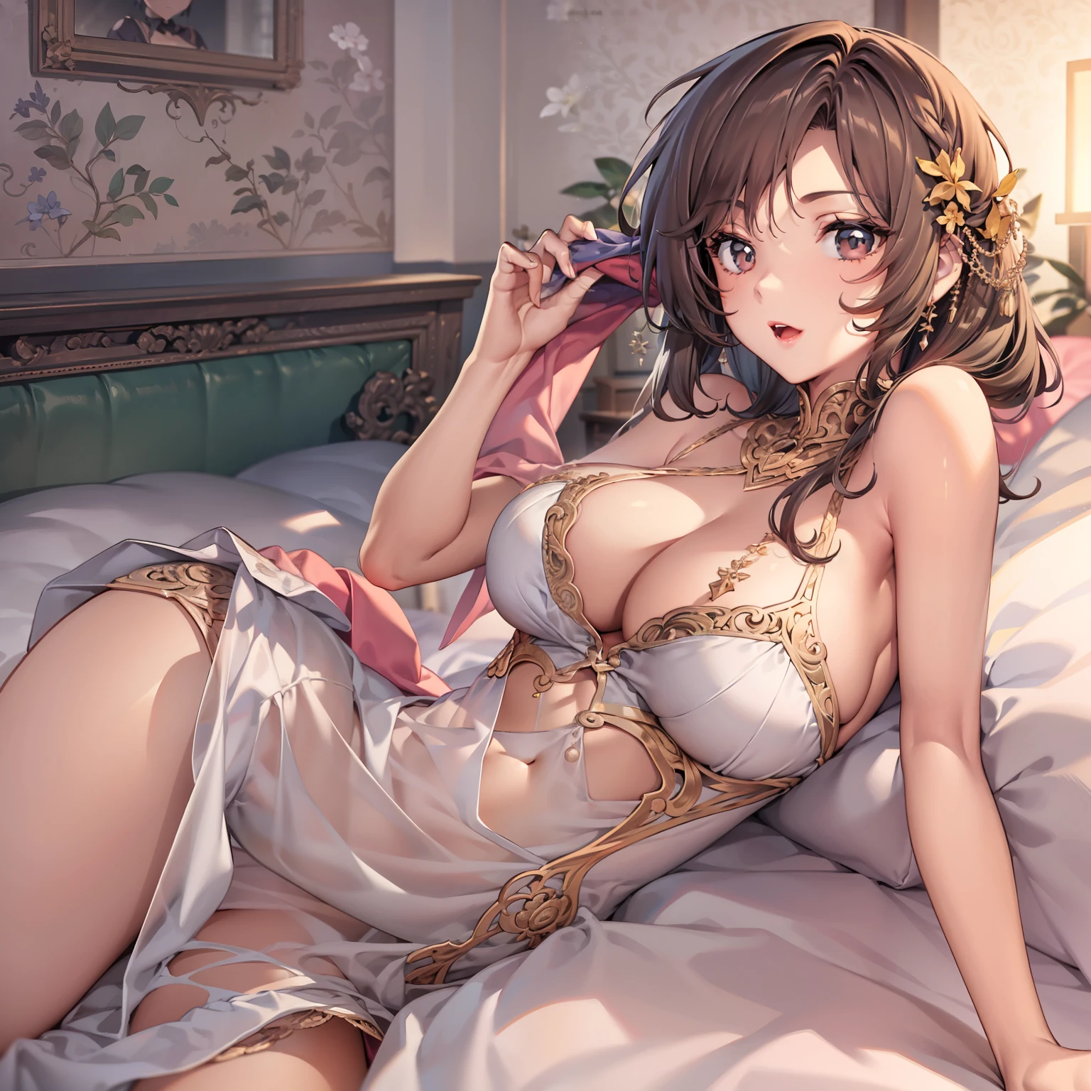 Anime comic style，quadratic element，A woman lies on a bed，asiagirl，Bigchest，Charming, sexy and seductive， stunning appealing figure，Transparent nightdress，