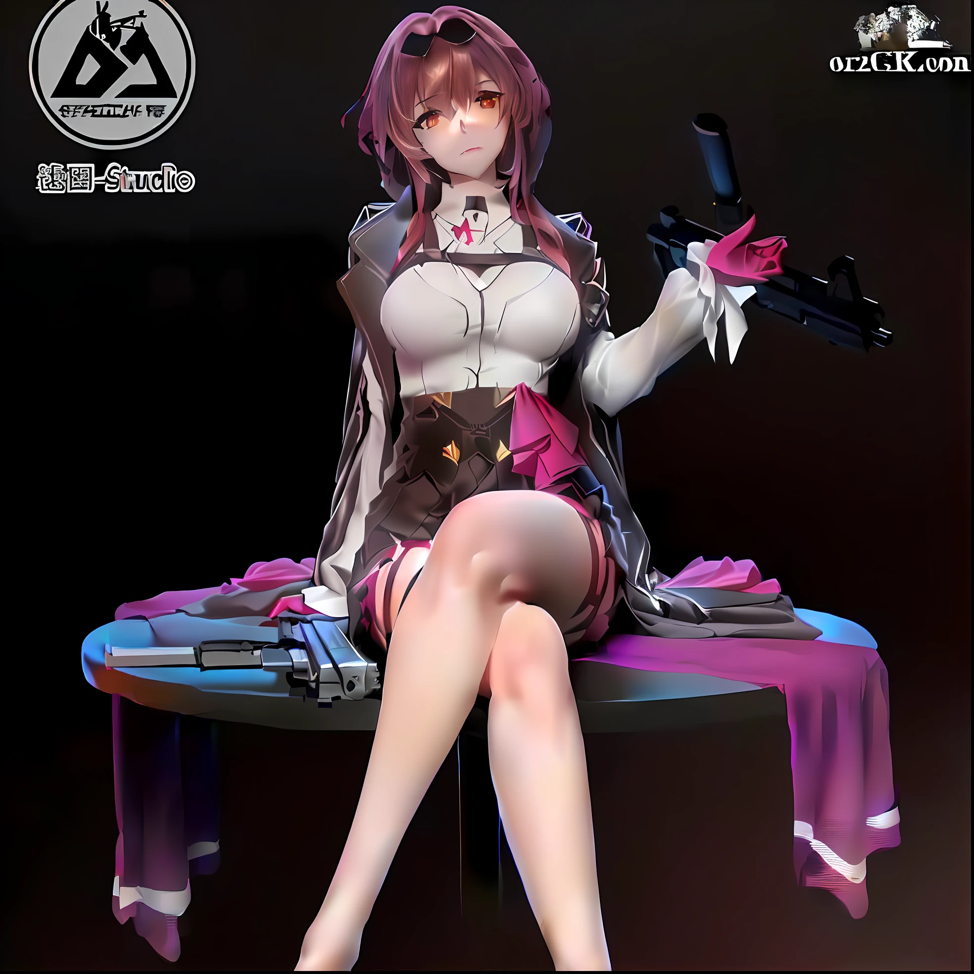 Close-up of a person, sitting on a table with a gun, M4 Sopmod II Girls on the Front Lines, fine details. girls frontline, from girls frontline, girls frontline style, girls frontline cg, ( Very detailed figure ), from arknights, 8k octae render photo, female action anime girl, girls frontline universe, mechanized soldier girl