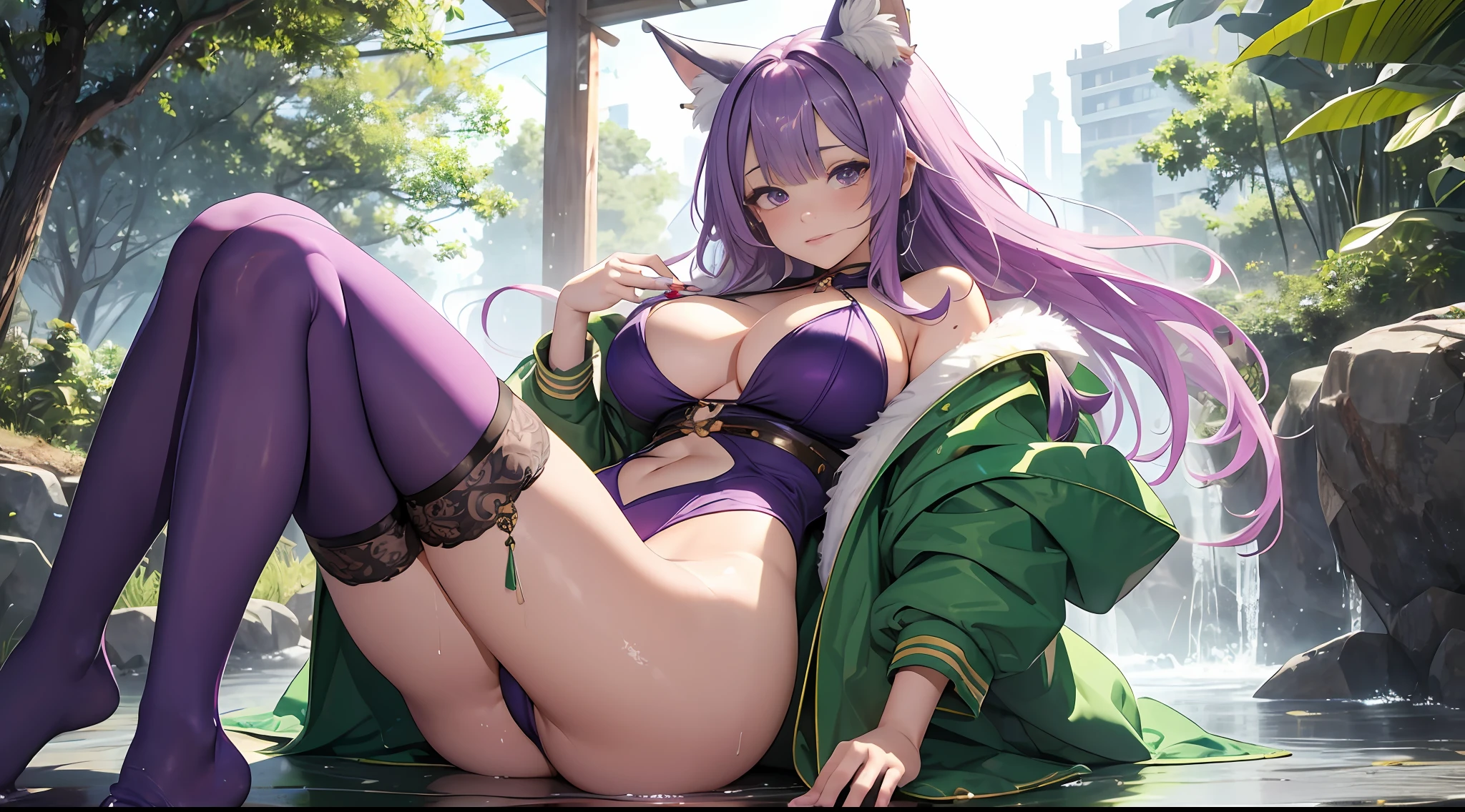 1girll, reba, 独奏, 耳Nipple Ring, jewely, long_hair, upper_body, gigantic cleavage breasts,wet cloths,Thick thighs,Naked feet,Three fox tails at the hips,Clear purple stockings,Three meters tall,gigantic hip,Translucent stockings,bodypainting,Full body photo,,nail art,Colored toenails,Sweat dripping,Clothing is soaked,Green clothing --auto