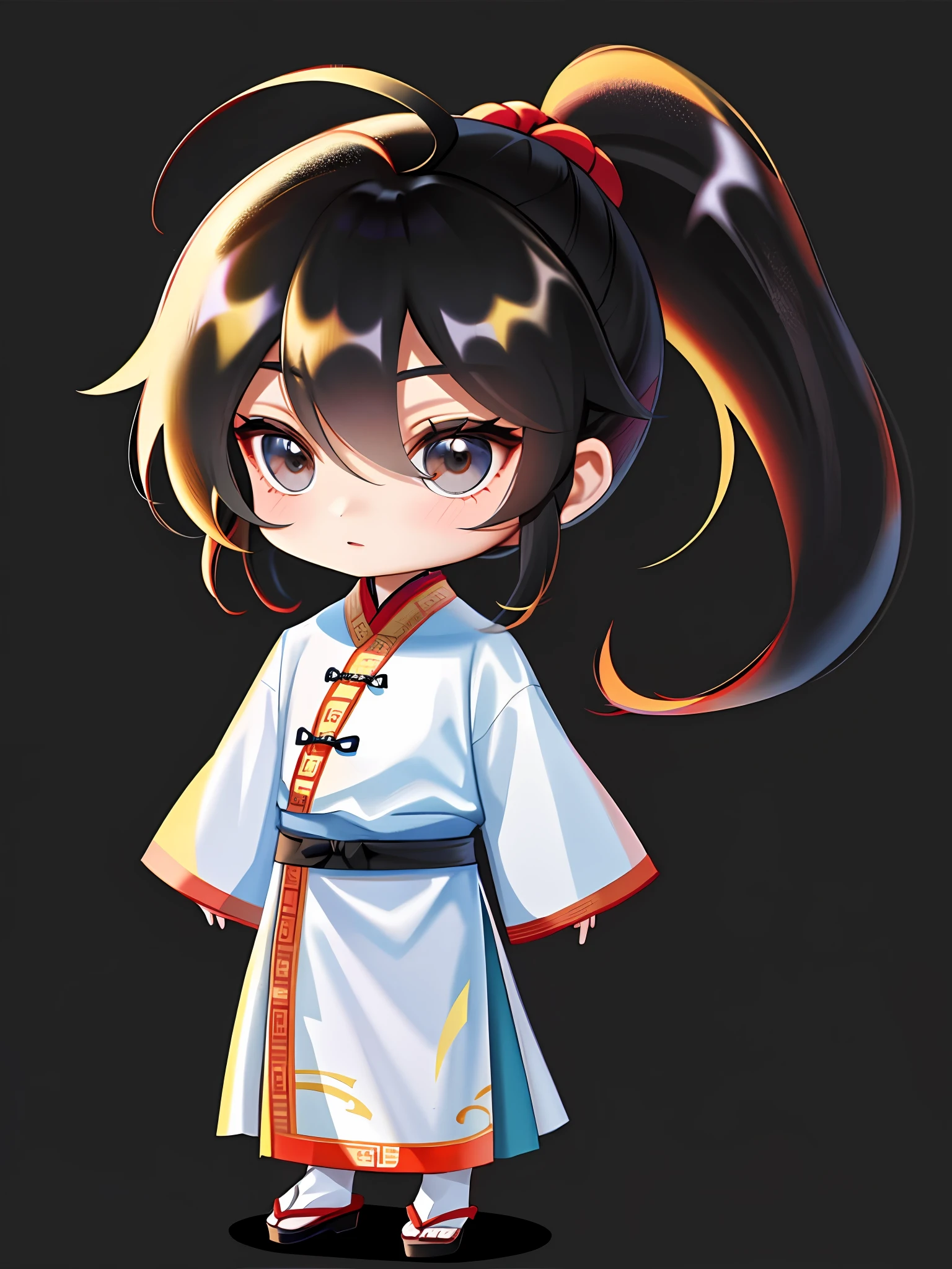 Masterpiece, Superb Piece, (1 boy: 1.8), (Chibi: 1.8), standing, sideways, (ancient Chinese clothes: 1.2), long black hair, ponytail, black eyes, white background, simple background