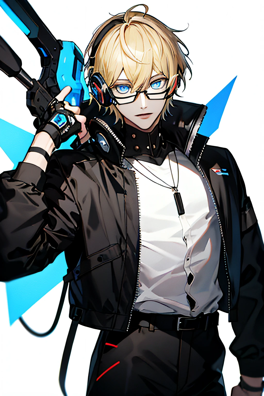 (MagazineCover:1.3),Ulzzang-6500,(Realistis:1.3)(Original:1.2),tmasterpiece,Best quality at best,Beautiful clean face,full bodyesbian,1 white teenager,Blonde hair and blue eyes,(Wear black and white and cobalt sci-fi technology glasses and headphones with complex electronics),Wearing a white shirt, black tech suit, jacket and black pants with buckles and tape,(Crystal necklace),posed for photo,
