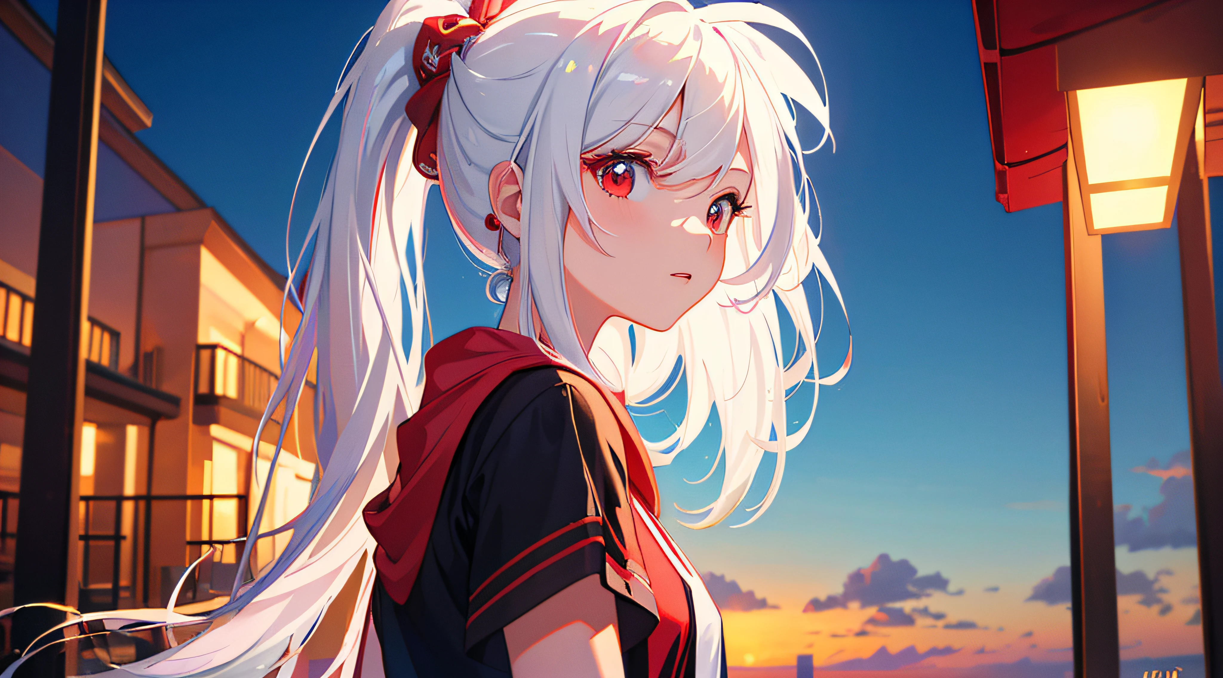 (((masterpiece))),(((best quality))),(((extremely detailed))),illustration, 1girl,solo,mysterious,vivid color,shiny,white hair,ponytail,red eye,beach,casual outfit,night