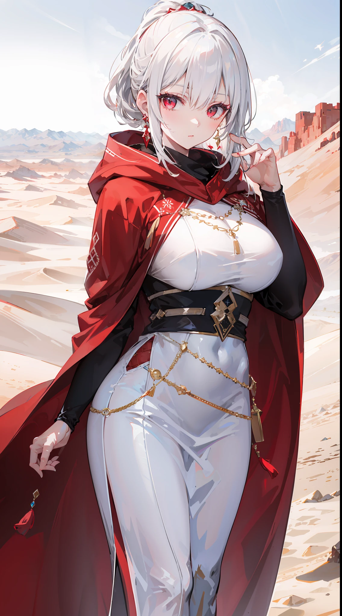"Epic desert daylight atmosphere, stunning 4k artwork showcasing an elegant milf with her white hair tied up. Her deep red eyes pierce through the scene as she gracefully dons a white heroine cloak and hood in the midst of the vast desert."