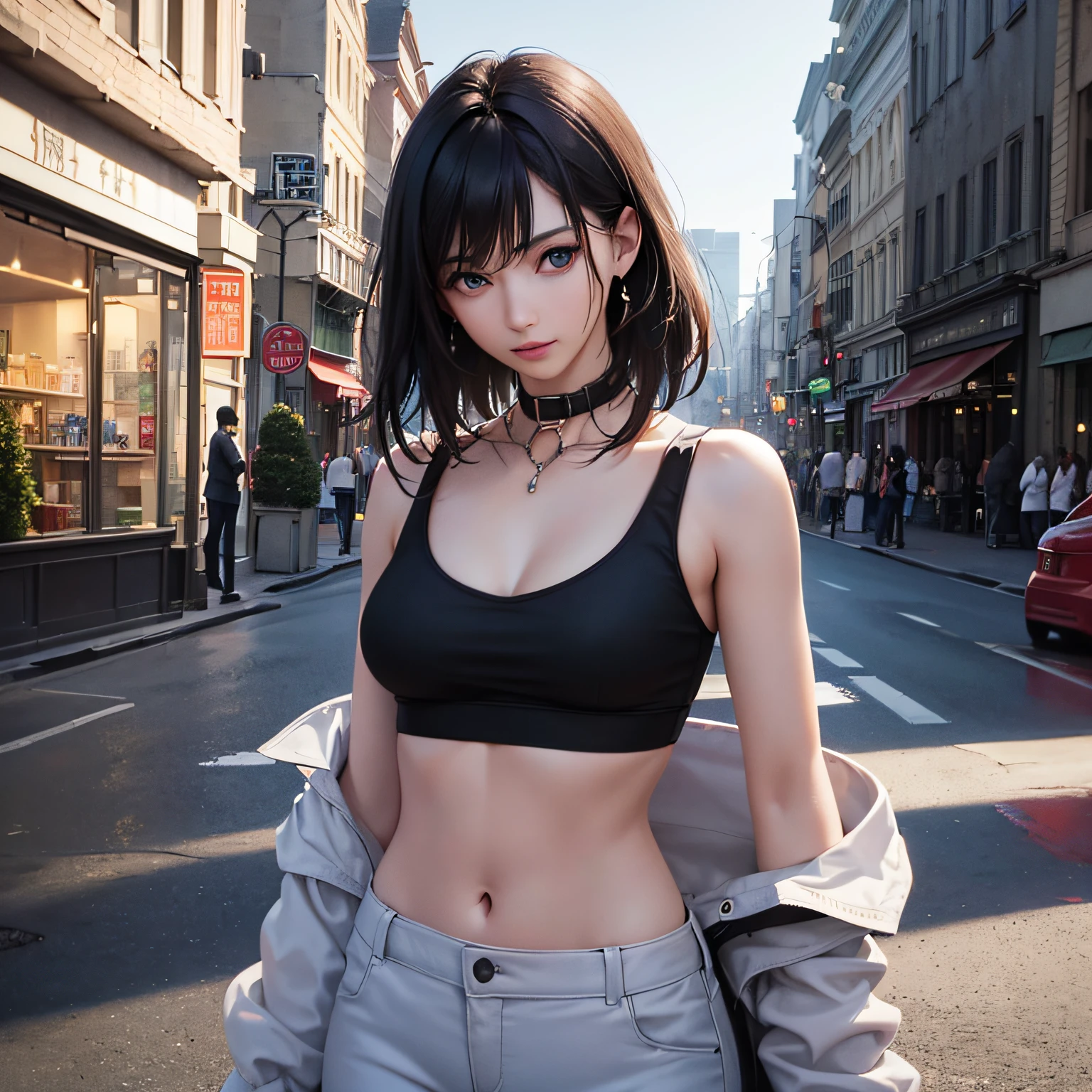 ((Realistic lighting, best qualtiy, 8k, tmasterpiece:1.3)), sharp fokus:1.2, 1girl, Beautiful Women with Perfect Figure:1.4, Slim waist:1.1, ((black color hair)), (White crop top:1.4),(exteriors,during night:1.1),the city street,Ultra-fine face,Fine eyes,二重まぶた,Collar, --auto