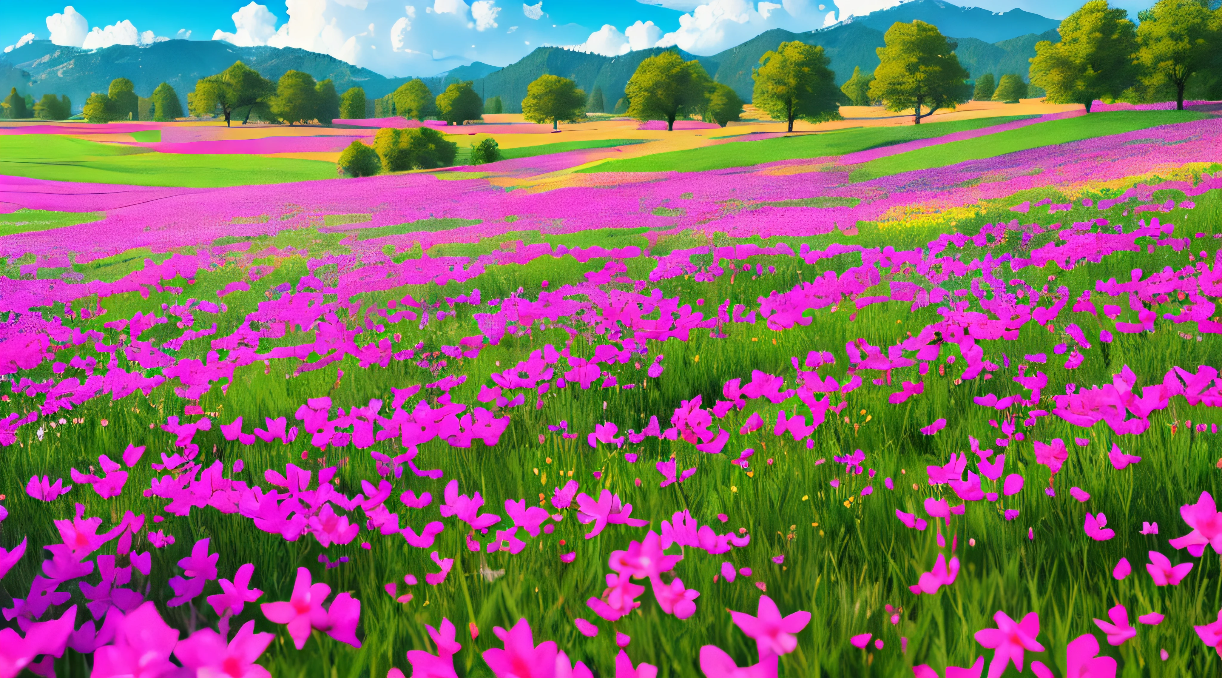 image of a sunny one-day landscape, just the landscape with flowers, flowery field, no people, no animals, vibrant childish, art style, cartoon, artistic, soft color palette, flowers of various kinds blown by the wind, brightness, magical photography, soft soft lighting, light background, realistic photo, super detailed, 4k, high resolution, super thin sharp,  high quality, unique, beautiful colors, 3d rendered,