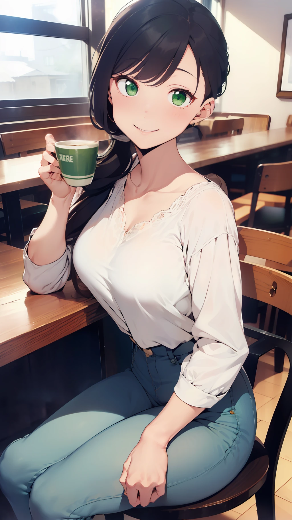 (((one woman,long hair,ponytail,bangs,slender face,sharp eyes,green eyes,detailed eyes,small breast,white blouse,navy jeans,smile))),sitting in the chair,masterpiece,extremely high quality,extremely fine and beautiful,hyper detail,dynamic resolution,sharp focus,anime style,watching the viewer,grasping coffee cup,at the cafe