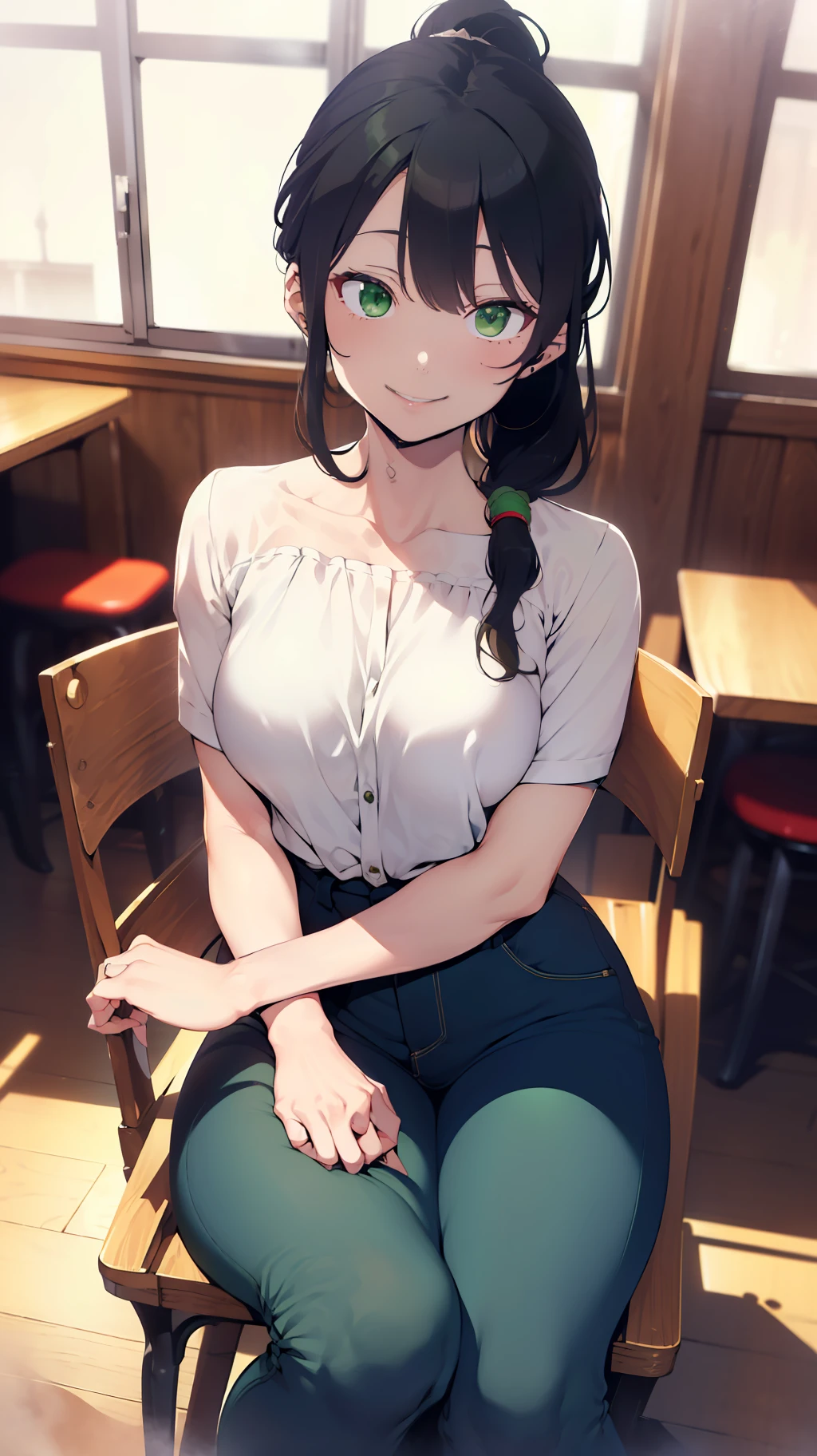 (((one woman,long hair,ponytail,bangs,slender face,sharp eyes,green eyes,detailed eyes,small breast,white blouse,navy jeans,smile))),sitting in the chair,masterpiece,extremely high quality,extremely fine and beautiful,hyper detail,dynamic resolution,sharp focus,anime style,watching the viewer,grasping coffee cup,at the cafe