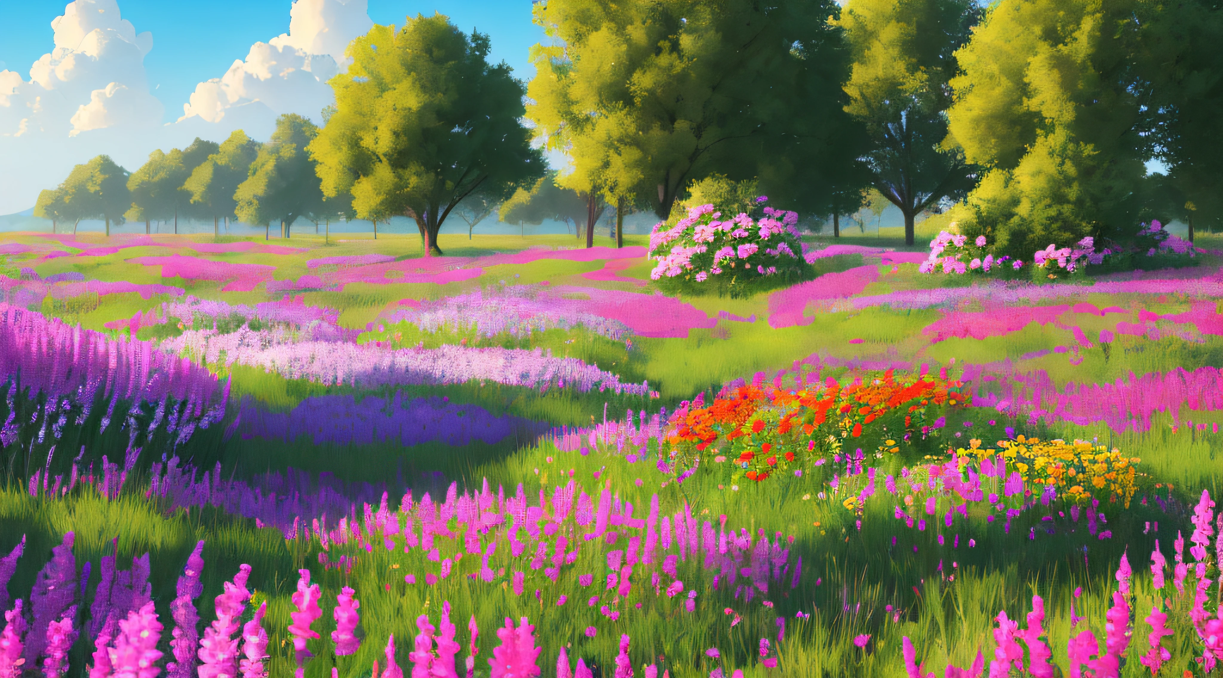 image of a sunny one-day landscape, just the landscape with flowers, flowery field, no people, no animals, vibrant childish, art style, cartoon, artistic, soft color palette, flowers of various kinds blown by the wind, brightness, magical photography, soft soft lighting, light background, realistic photo, super detailed, 4k, high resolution, super thin sharp,  high quality, unique, beautiful colors, 3d rendered,