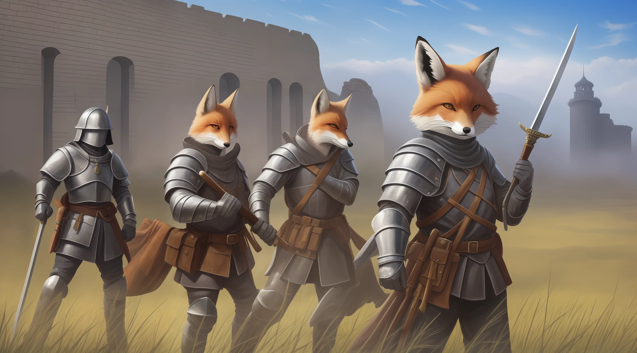 tmasterpiece,High Picture Quality,Science fiction style,Realistic painting style,medieval times,Landscape theme,There are groups of characters,They wear fox ears and drag fox tails,Armed with a sword,dressed in armor,The army formed a siege in the field,Chinese wind city wall city tower。