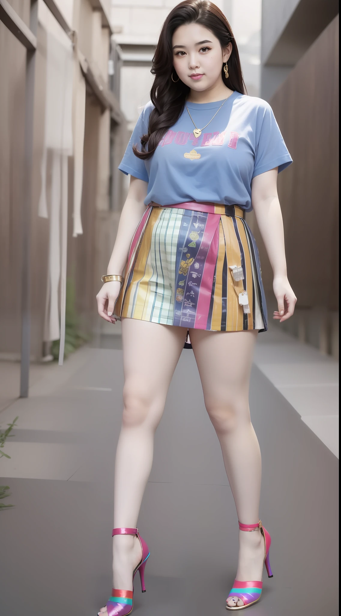 Tall plus-size cute girl，Rainbow color T-shirt＋Rainbow color skirt，Well-proportioned，Tall one，Chubby cute girl，Mannequin，Red high-heeled leather shoes👠，180cm tall，180cm tall，Long legs，low angle photography，Works of masters，Studio quality