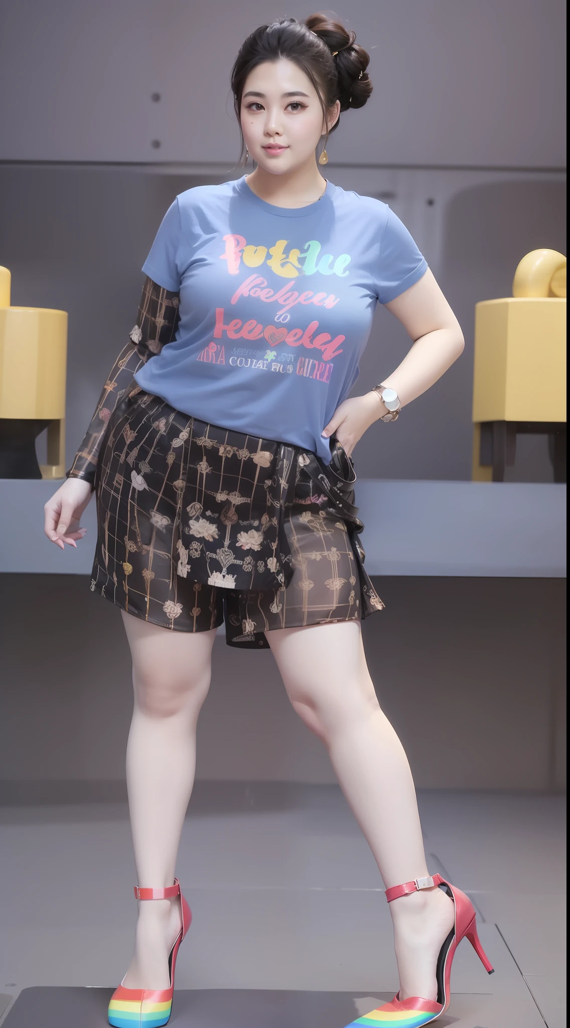 Tall plus-size cute girl,Rainbow color T-shirt+Rainbow color skirt,Well-proportioned,Tall one,Chubby cute girl,Mannequin,Red high-heeled leather shoes👠,180cm tall,180cm tall,Long legs,low angle photography,Works of masters,Studio quality