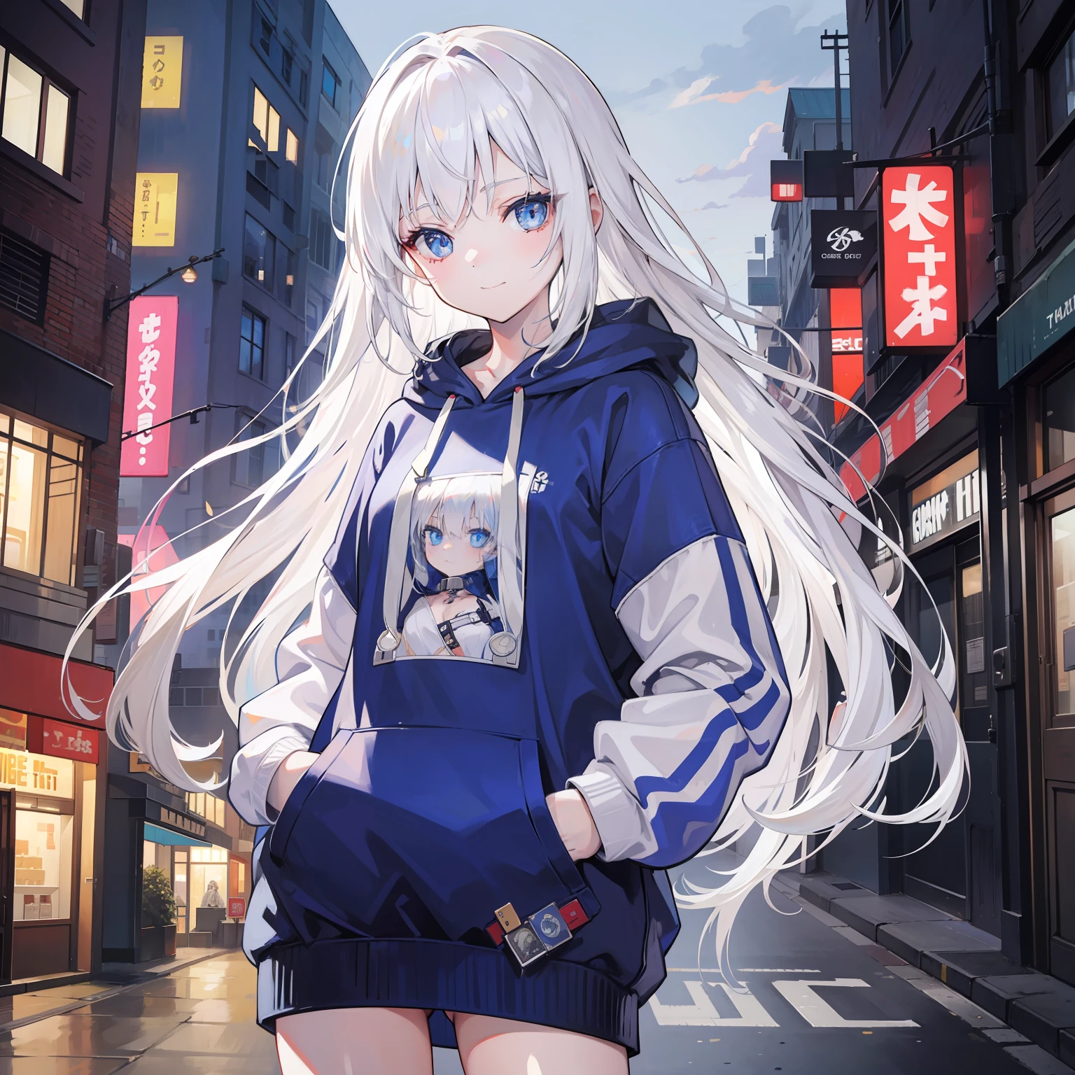 1girll, Small breasts,stitched face, patchwork skin, Closed mouth, Long_Hair, Light smile,City,street, White hair, ,stitched_face,Patchwork_skin,Cowboy shot,( Hoodie),(Hand in pocket),Wear a sweatshirt underneath