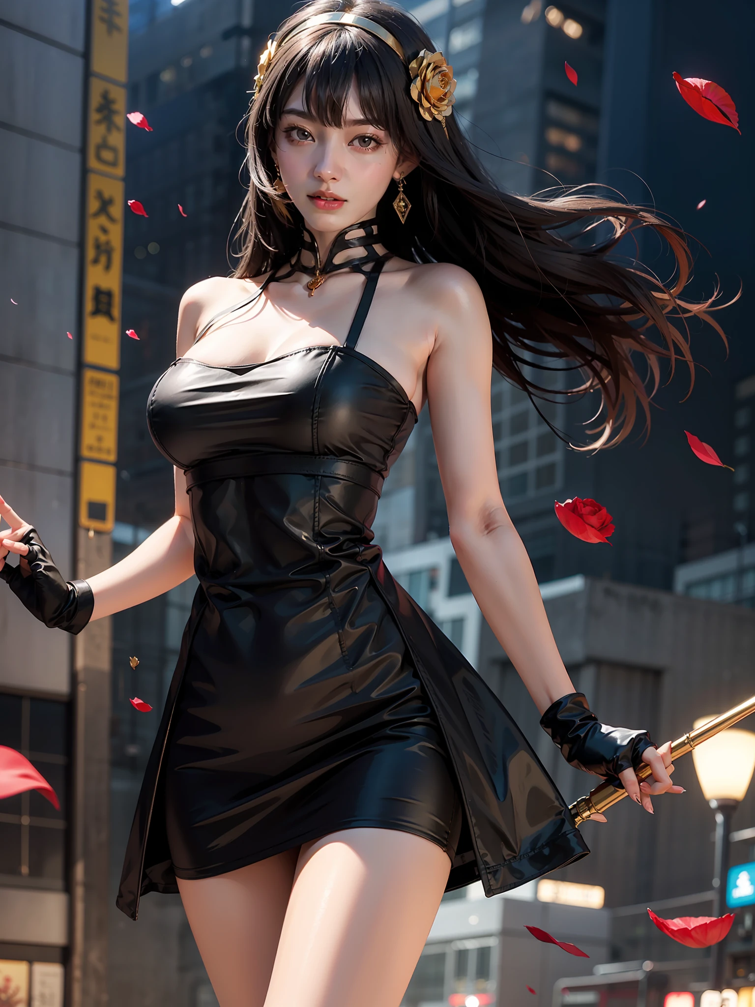 top-quality、超A high resolution、(Photorealsitic:1.4)、Yorbrier、cute little、Cityscape、profetional lighting、photon maping、Radio City、physically-based renderingt、1girl in、Back lighting、bare shoulders​、Black Dress、Black Gloves、Black Long Hair、large full breasts、a closed mouth、cowboy  shot、Leather Dresses、耳环、A smile、Fingerless gloves、floting hair、with floral pattern、florals、gloves、Gold Earrings、Gold Hair Band、flower in hair、hair adornments、shairband、 ngel、Store weapons、jewely、large full breasts、light particules、length hair、looking at the viewers、Off shoulder dress、off shoulders、flower petals、red eyes、roses、Rose petals、Rose print、long locks、side locks、独奏、spikes、thighs thighs thighs thighs、two-sided dress、two-sided fabric、arma、((​masterpiece))、massive hips、Cute girl at 18 years old、