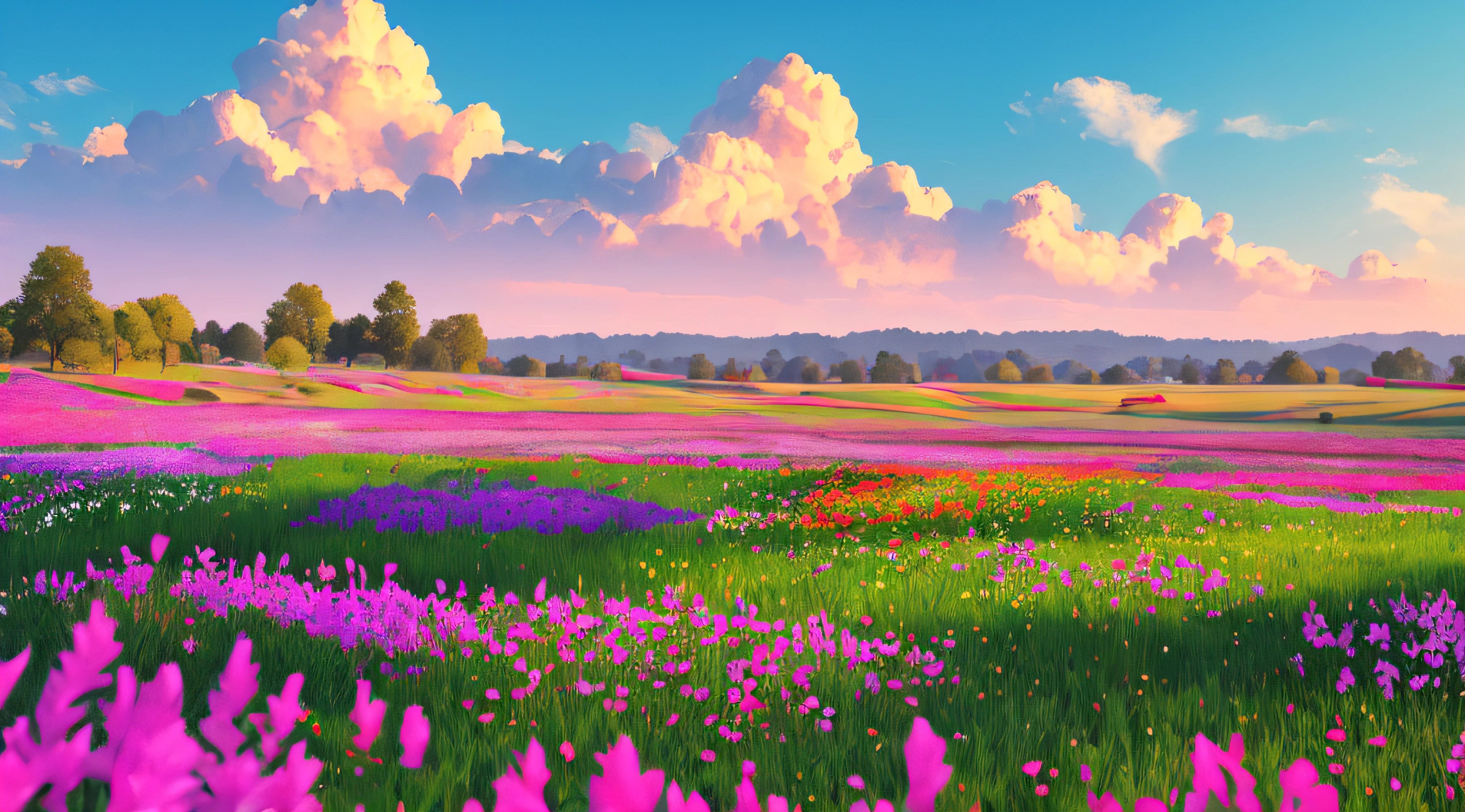 image of a sunny one-day landscape, just the landscape with flowers, flowery field, no people, no animals, vibrant childish, art style, cartoon, artistic, soft color palette, flowers of various kinds blown by the wind, brightness, magical photography, soft soft lighting, light background, realistic photo, super detailed, 4k, high resolution, super thin sharp,  high quality, unique, beautiful colors, 3d rendered,