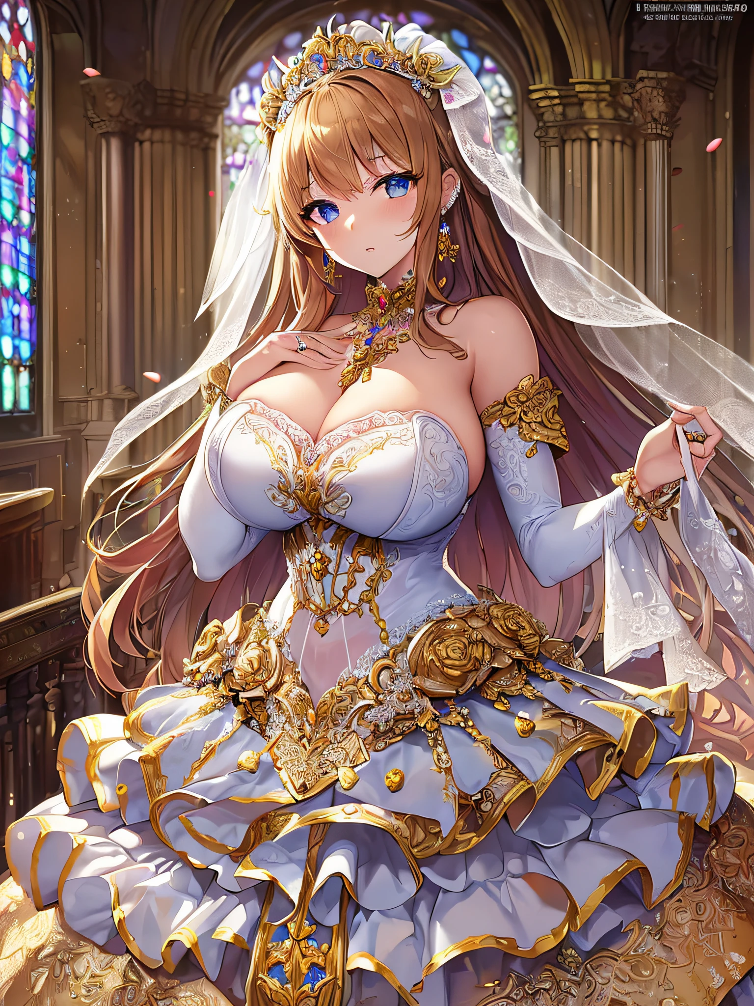 ((anime artstyle)),(Masterpiece),(Best Quality), (Super Detail),((Very Delicate and Beautiful)),Focus on character,Dynamic Angle,Looking at viewer,((Solo)),standing,((full body)),((one princess in gorgeous ball gown wedding dress with voluminous skirt)),((June bride)),detailed face and eyes,jewel-like eyes,((Very Long voluminous Hair)),gorgeous embroidery and lace,((gorgeous corsage)),See-through,(Gorgeous jewelry ornaments),luxury hair ornament,luxury tiara with jewels,ornate ruffles,((gigantic breasts,Long breasts)),indoor,church wedding,((full body)),hoop skirt,crinoline,very long wedding veil,(((fusion of jeweled wedding dress and gorgeous embroidery rococo ballgown)))