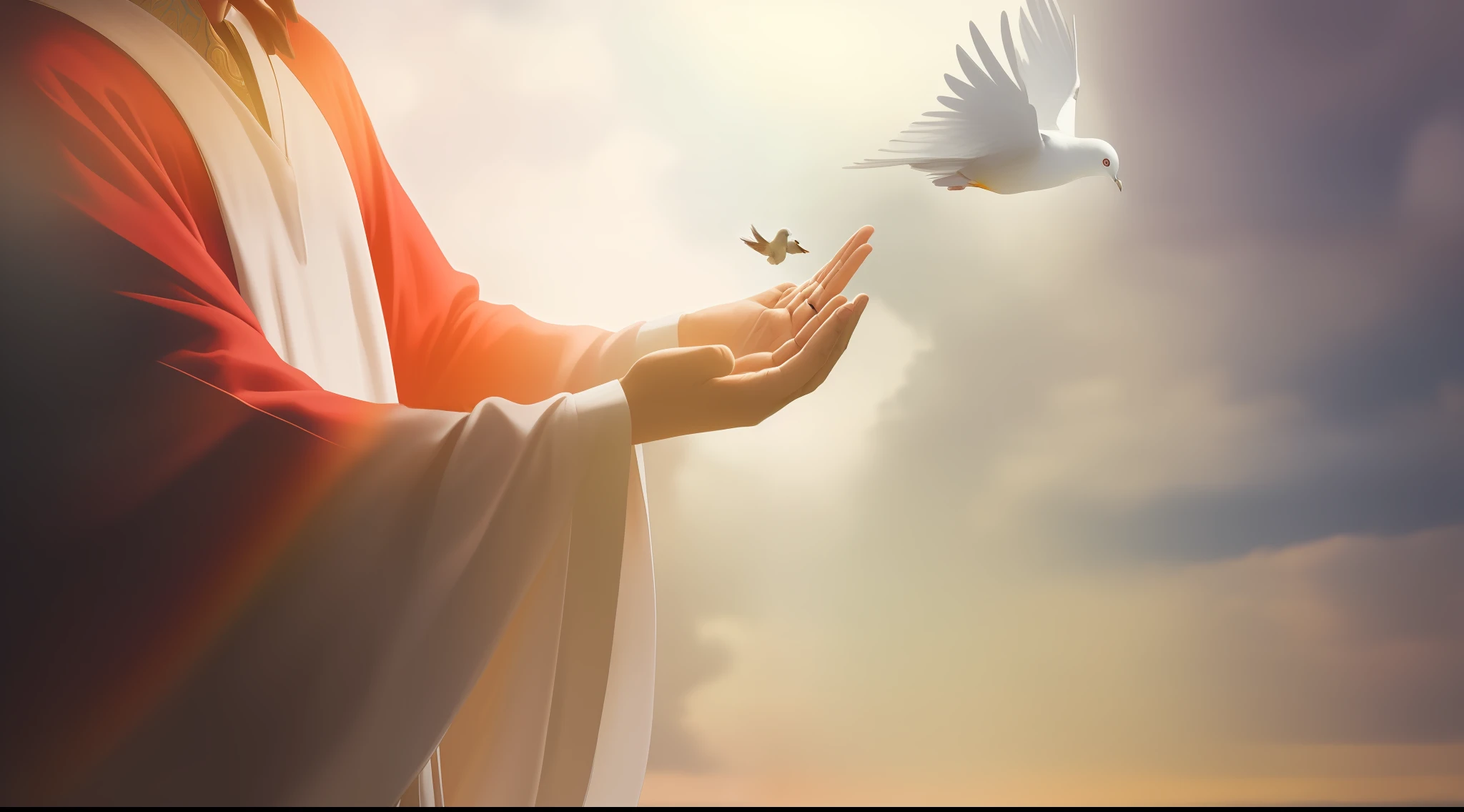 Image of a person holding a dove in his hands, holy spirit, ophanim has bird wings, his arms spread. pronto para voar, an amazing photo, breathtaking art, foto descoberta, Shutterstock, Obra-prima da luz brilhante, ! holding in his hand !, hands of blessing, altamente renderizado, imagens religiosas, bela foto, Carregado