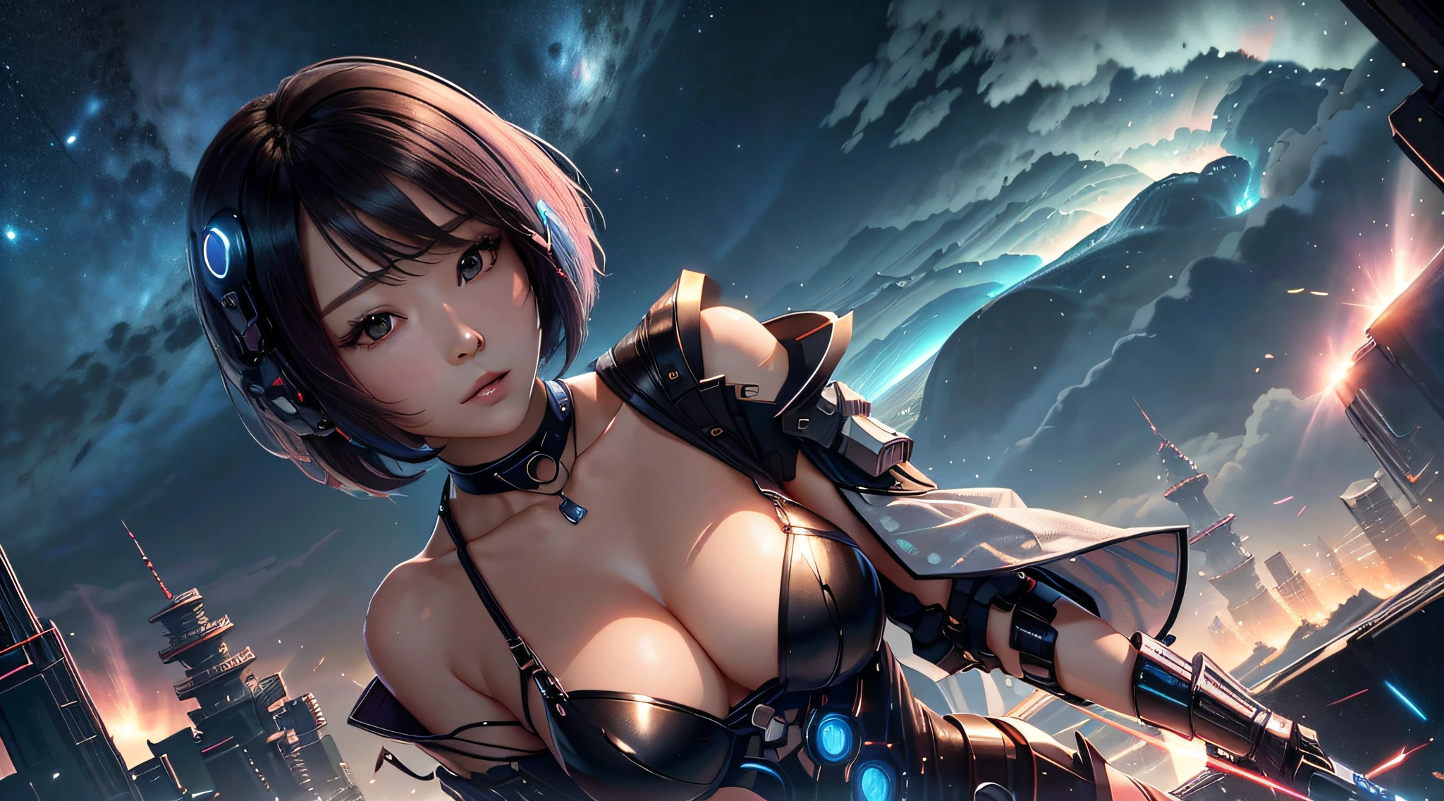 (best qualtiy,8k,32k,tmasterpiece,UHD:1.2),Beautiful Japanese woman in the photo,big cleavage breasts,Very short Bob hair,The upper part of the body,sface focus,oversized_sweater,choker necklace,simple backgound,from the above,looking at viewert, japanese beautiful woman。cyber punk perssonage、Space Deep Sky --auto