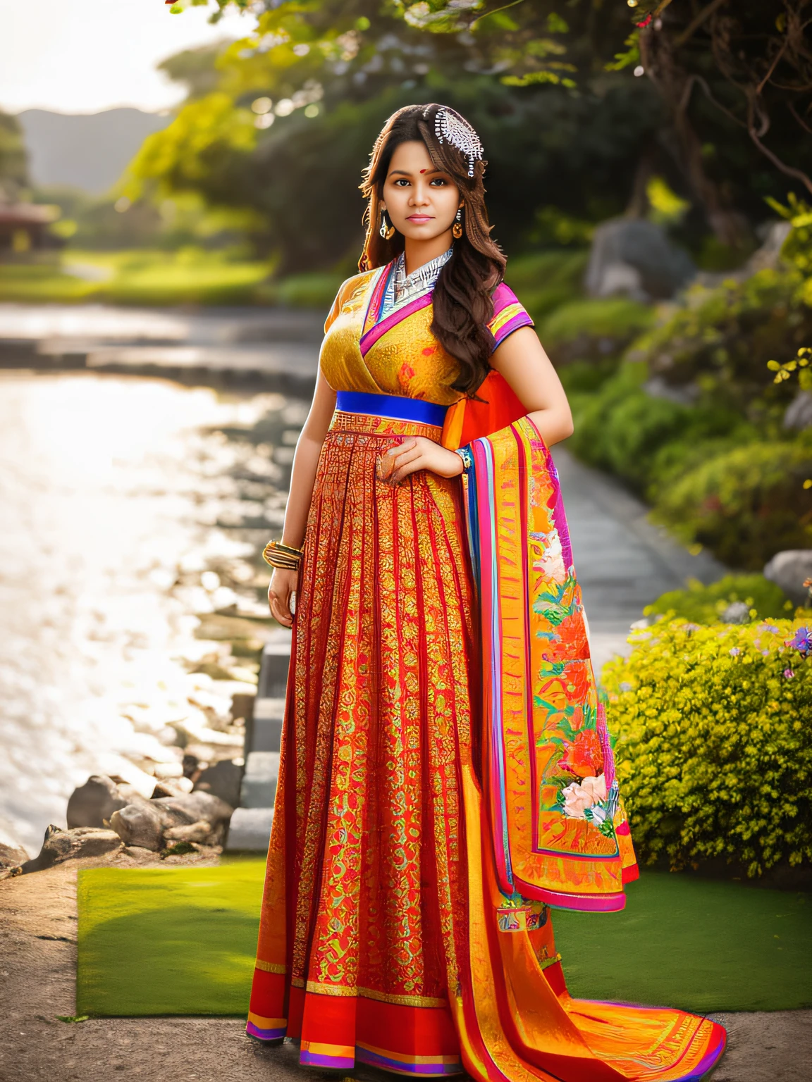 full-length photo Of A Beautiful Woman, Indian - Japanese Mixed Clothing, Vibrant, Depth of field, In Beautiful Dress, (( Natural Light)), (( Sunny Day )),(( Beautiful Clear Brown Eyes )), long Brown Hair, (( Unique Hair Ornament )), In Centre, (( Photorealistic )), DSLR, Highly Detailed, 4k, Extreme Details, Realistic, (( Wide Shot )), full-length photo, full-body shot, Unique Design Patterns, Indian Design Pattern, Floral Pattern Indian Style, (( colorful ))