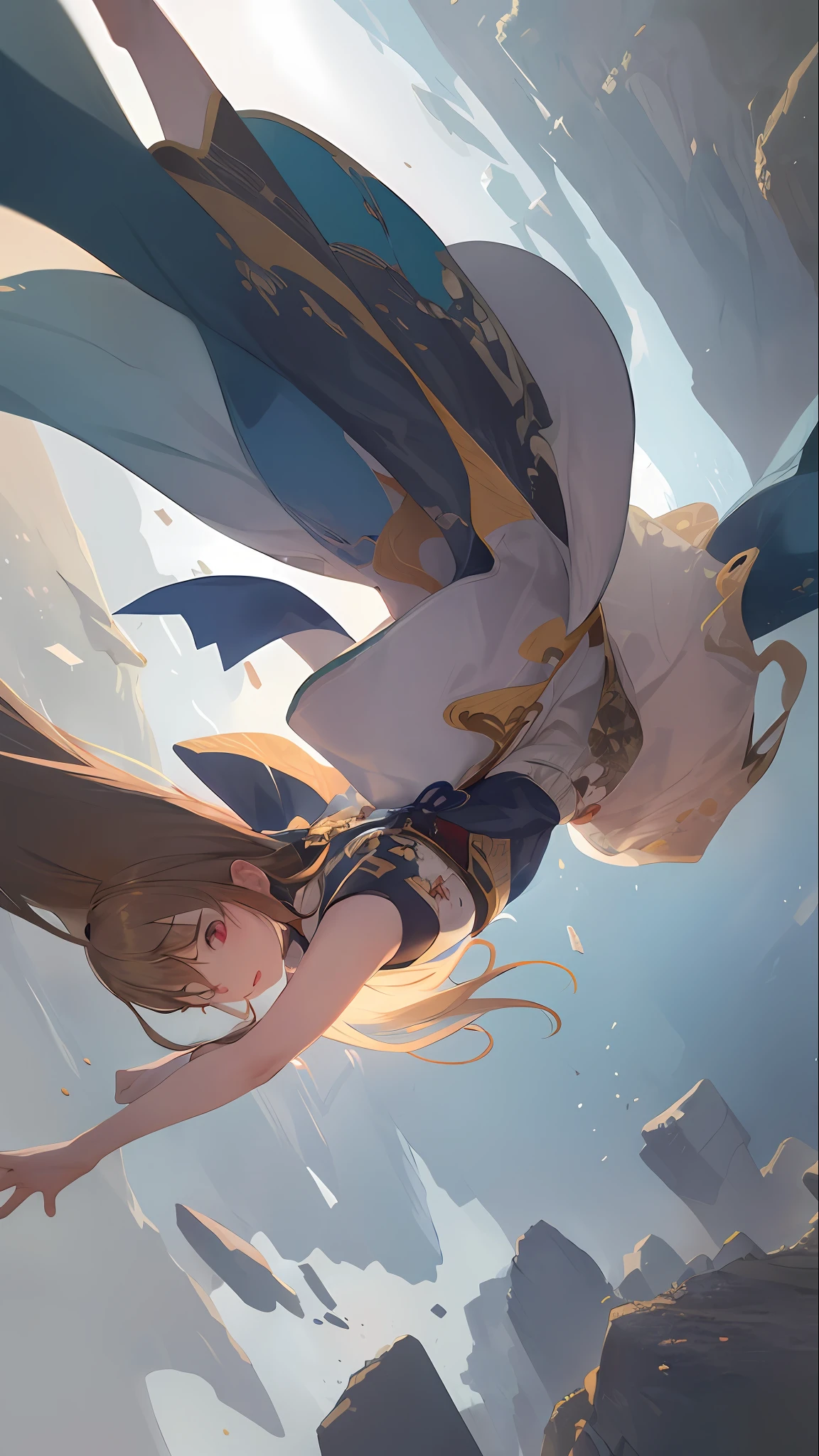 A woman wears a gorgeous light gauze Hanfu,gray pupil,Fall off a cliff,Bottomless cliffs,Figures hanging in the air,gray pupil,Motion blur background,brightly,8K,Overlooking,super detailing,tmasterpiece,best qualtiy