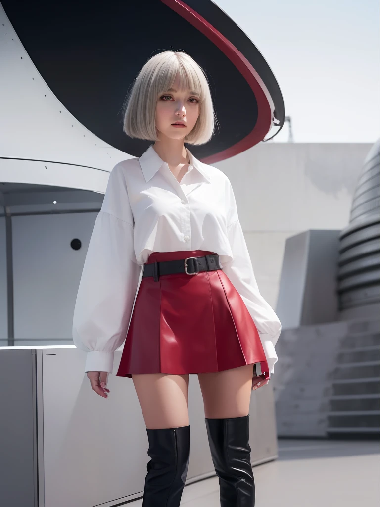 girl, caucasian, white hair, bob cut, bangs, grey eyes, big eyes, smirking confidently, thin, cropped red top, red skirt, belt, black pantyhose, boots, open trench coat, pirate hat, standing in space ship