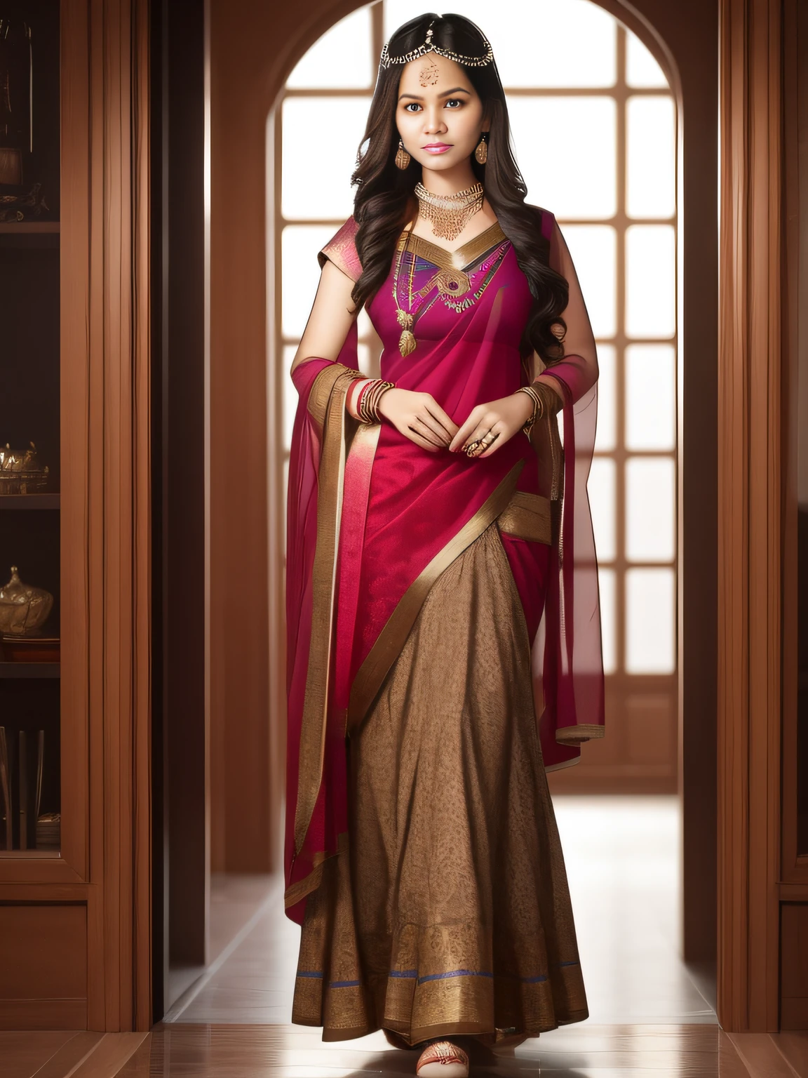 full-length photo Of A Beautiful Woman, Indian - Western -  Thai Mixed  Dress, Vibrant, Depth of field, In Beautiful Dress, (( Natural Light)), (( Sunny Day )),(( Beautiful Clear Brown Eyes )), long Brown Hair, (( Unique Hair Ornament )), In Centre, (( Photorealistic )), DSLR, Highly Detailed, 4k, Extreme Details, Realistic, (( Wide Shot )), full-length photo, full-body shot, Unique Design Patterns, Indian Design Pattern, Floral Pattern Indian Style,