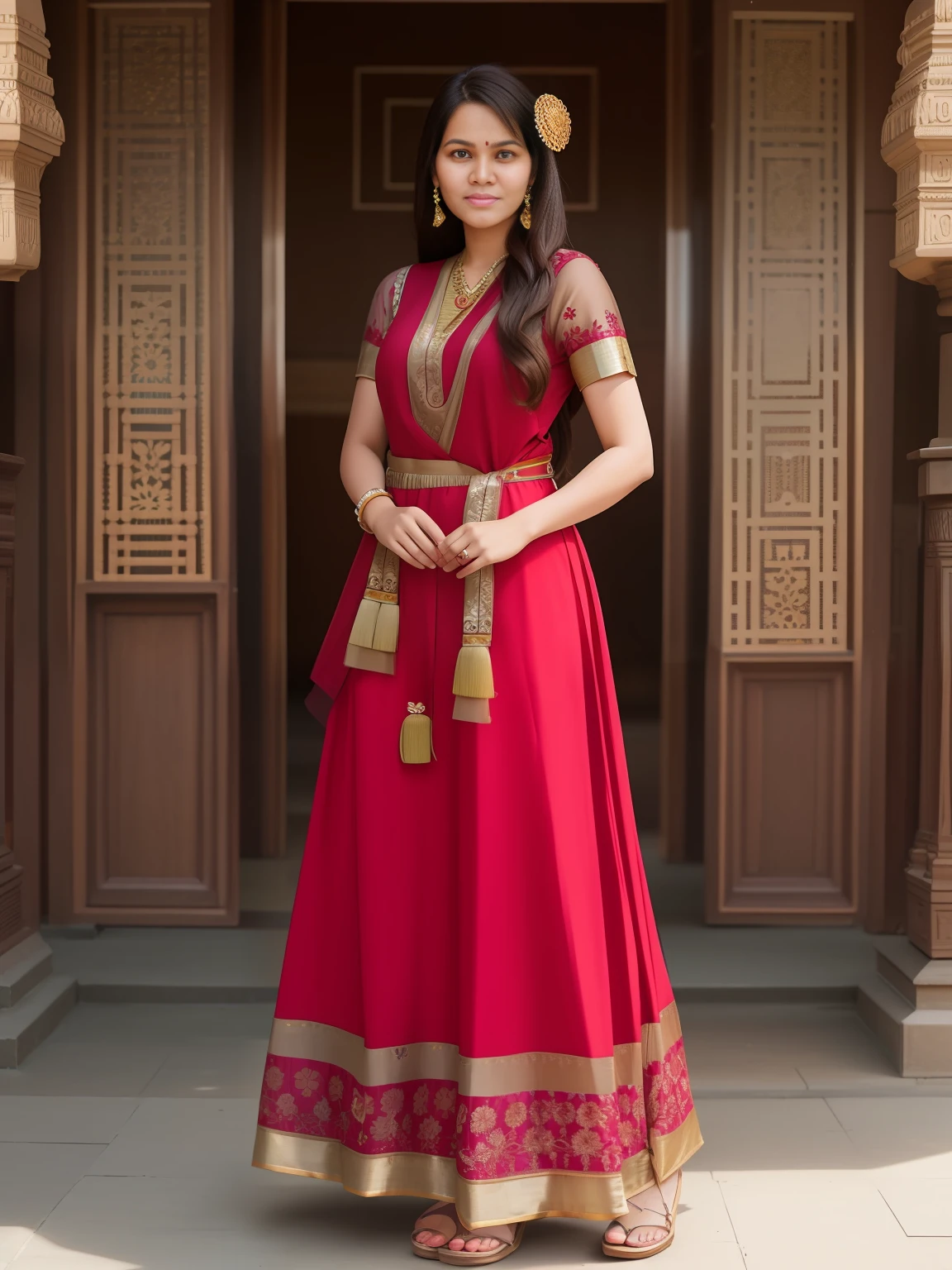 full-length photo Of A Beautiful Woman, Indian - Western -  Thai Mixed  Dress, Vibrant, Depth of field, In Beautiful Dress, (( Natural Light)), (( Sunny Day )),(( Beautiful Clear Brown Eyes )), long Brown Hair, (( Unique Hair Ornament )), In Centre, (( Photorealistic )), DSLR, Highly Detailed, 4k, Extreme Details, Realistic, (( Wide Shot )), full-length photo, full-body shot, Unique Design Patterns, Indian Design Pattern, Floral Pattern Indian Style,