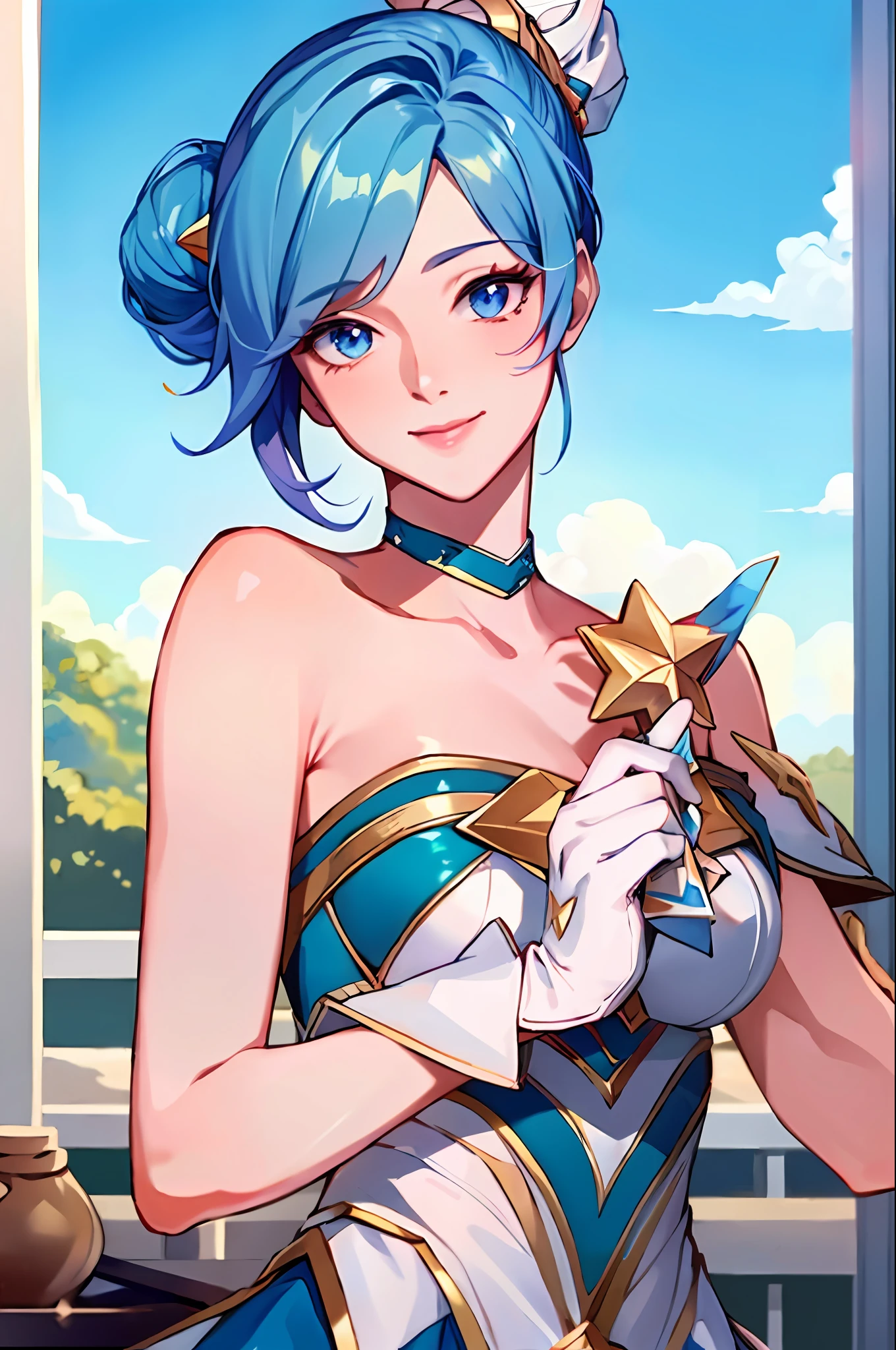 (Masterpiece:1.4), (best quality:1.2), star guardian orianna, blue hair, hair bun, ballerina, short dress, white gloves, smile, upper body, potrait