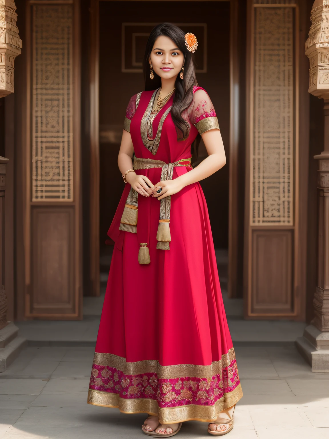 full-length photo Of A Beautiful Woman, Indian - Western - Thai Mixed Dress, Vibrant, Depth of field, In Beautiful Dress, (( Natural Light)), (( Sunny Day )),(( Beautiful Clear Brown Eyes )), long Brown Hair, (( Unique Hair Ornament )), In Centre, (( Photorealistic )), DSLR, Highly Detailed, 4k, Extreme Details, Realistic, (( Wide Shot )), full-length photo, full-body shot, Unique Design Patterns, Indian Design Pattern, Floral Pattern Indian Style,