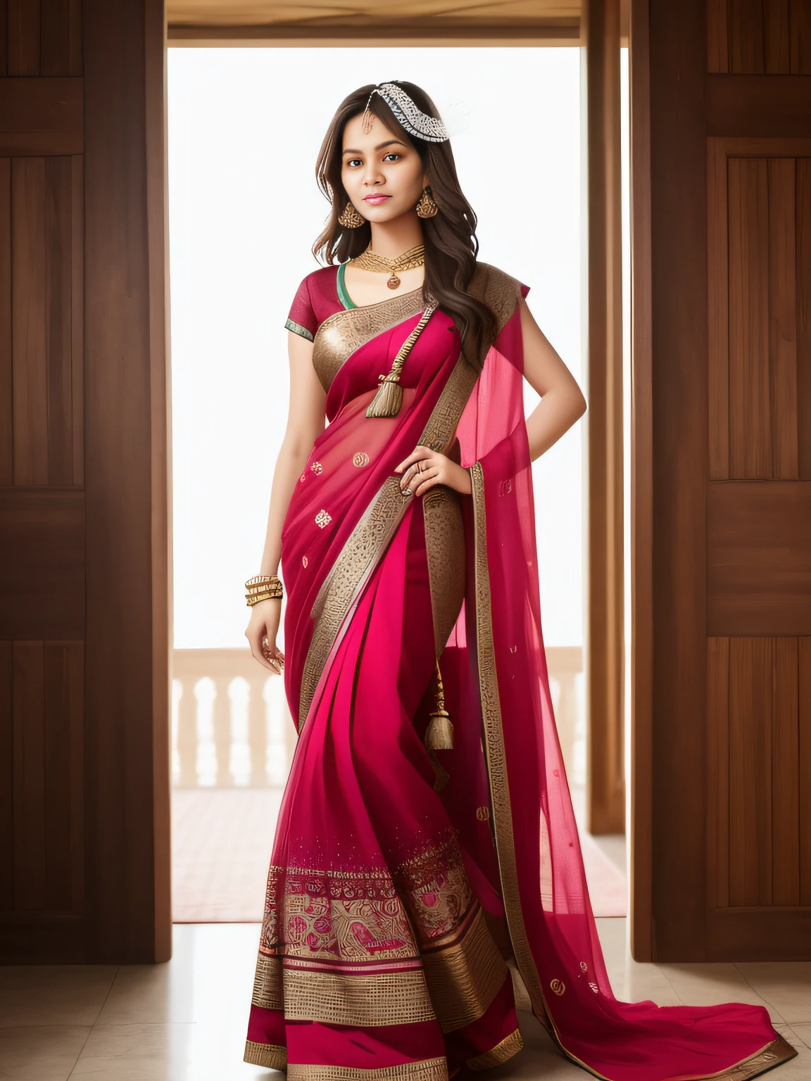 full-length photo Of A Beautiful Woman, Indian - Western -  Thai Mixed  Dress, Vibrant, Depth of field, In Beautiful Dress, (( Natural Light)), (( Sunny Day )),(( Beautiful Clear Brown Eyes )), long Brown Hair, (( Unique Hair Ornament )), In Centre, (( Photorealistic )), DSLR, Highly Detailed, 4k, Extreme Details, Realistic, (( Wide Shot )), full-length photo, full-body shot, Unique Design Patterns, Indian Design Pattern, Floral Pattern Indian Style,
