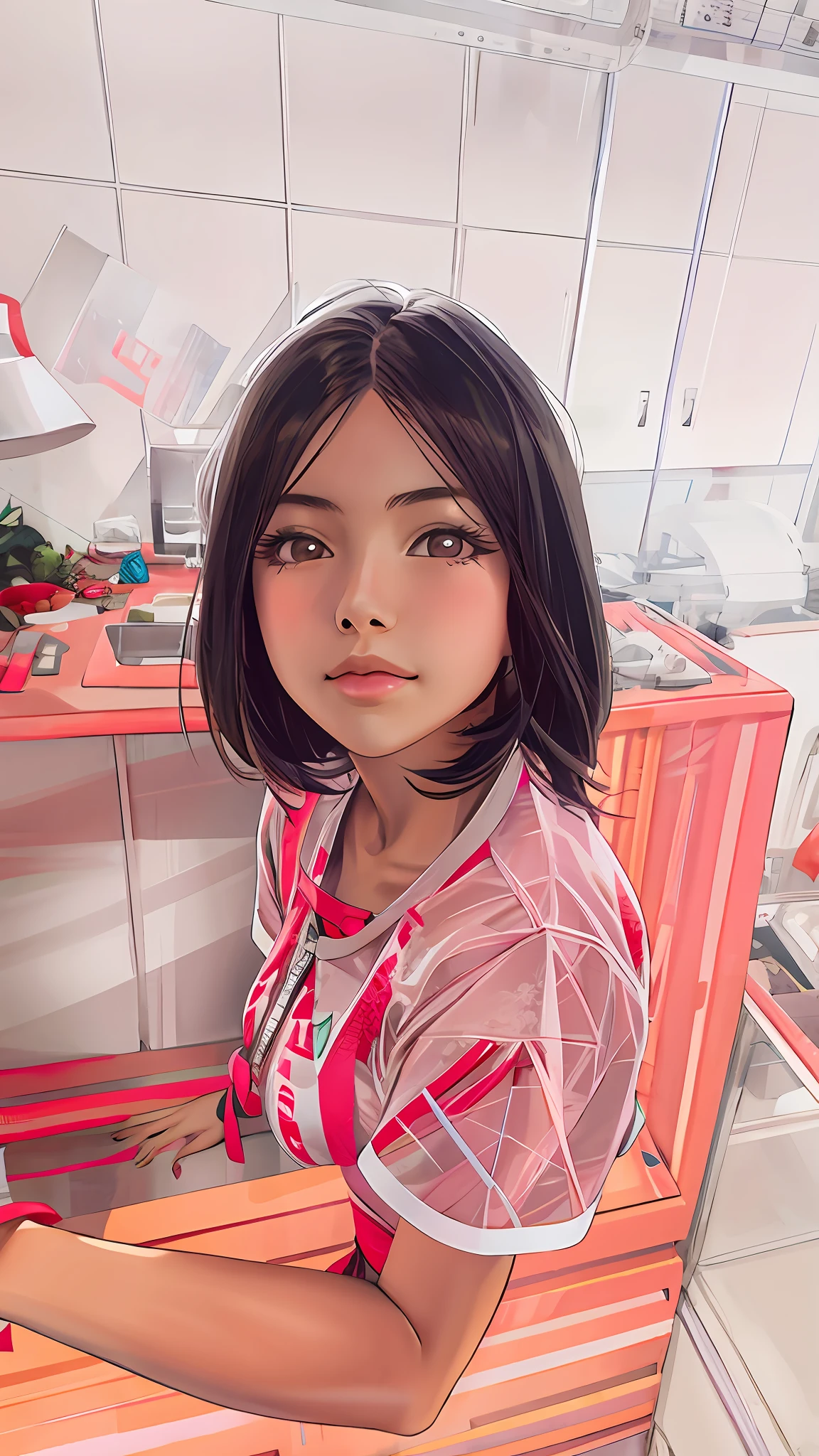 1girl, solo,red theme,looking at viewer,large breasts,portrait,from side,bad-girl,((mature female))