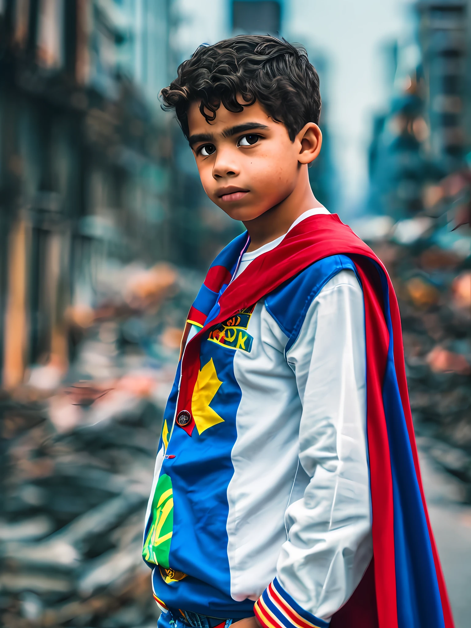 portrait of an young brazilian boy leaning againg a city of destroyer, clear facial features, cinematic, 35mm lens, f/1.8, accent lighting, global ilumination, blue shirt with red stripes. blue cape. ooking in the mirror --auto --s2