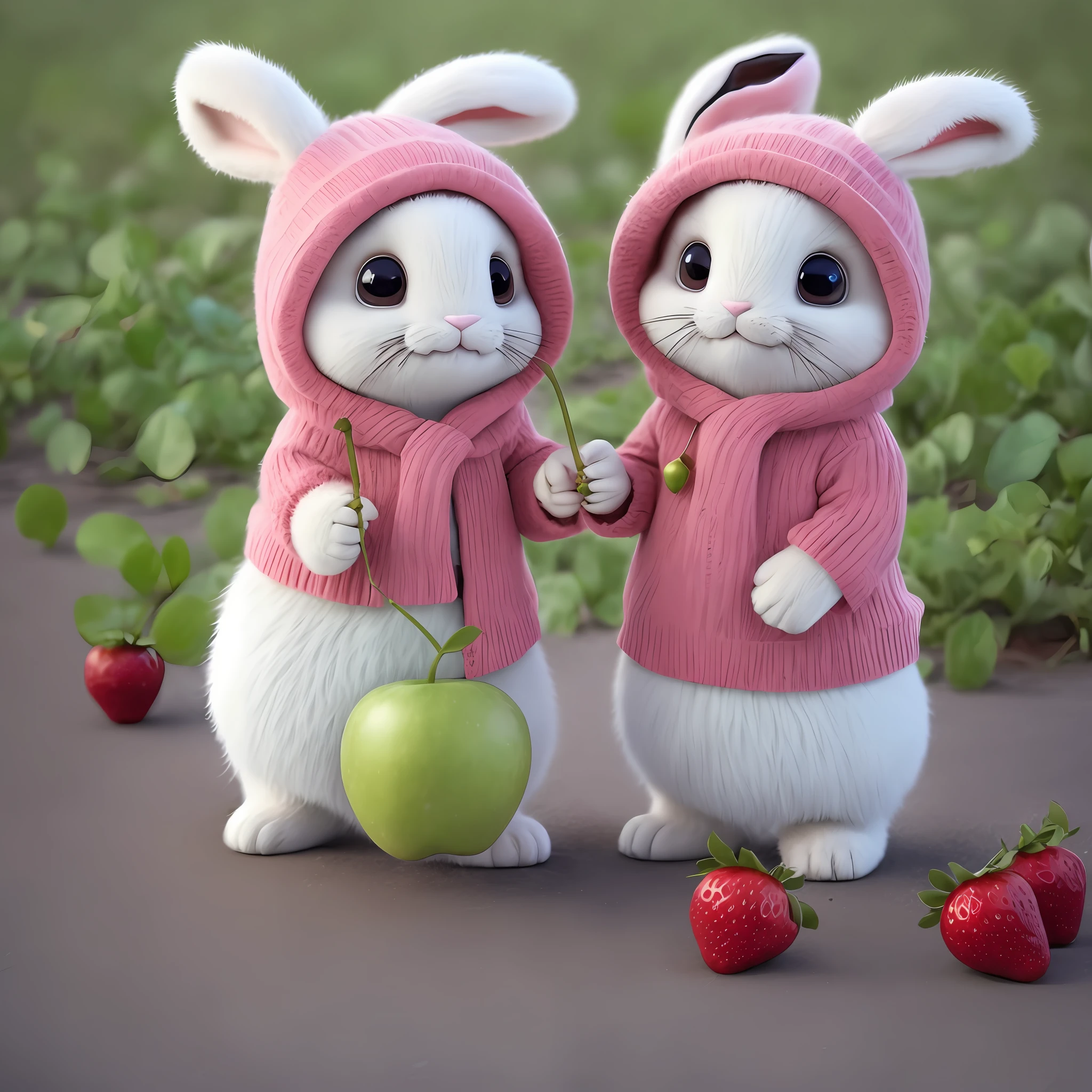 : 3. bunny, realistic, furry animal, apple, black eye, blush, cherry, food, fruit, full body, hat, non-human, strawberry, tomato, watermelon