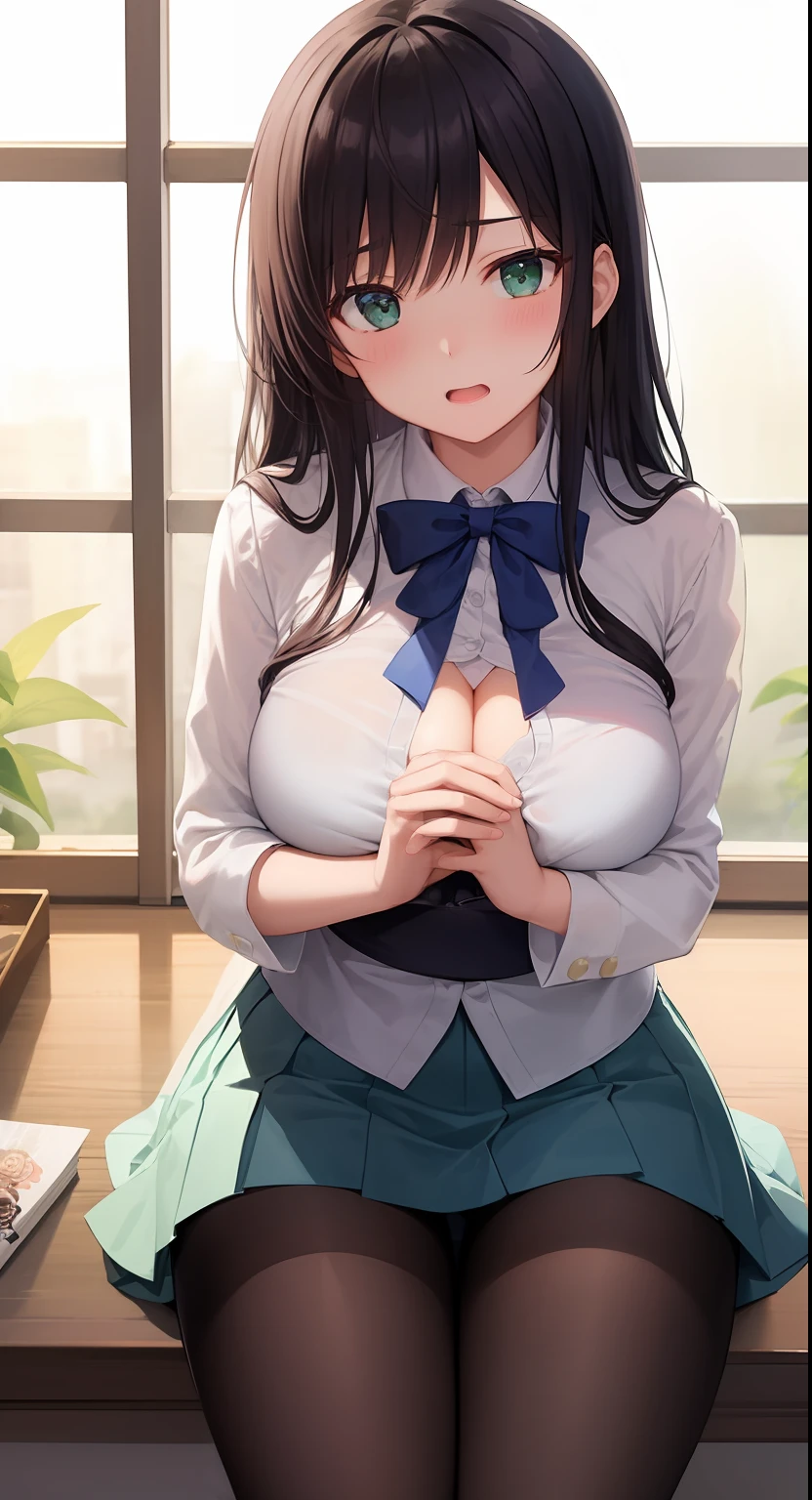 top-quality、​masterpiece、Top image quality、Detailed composition、A Japanese Lady、Shy look、Blushing、Emerald green eyes、Navy blue blazer、white  shirt、Navy blue flared skirt、Hide the chest with your own hands、Squeeze your chest、grabbing on breasts、​masterpiece、top-quality、ighly detailed、Very realistic eyes、​masterpiece、top-quality、ighly detailed、1girl in、grabbing on breasts、From  above