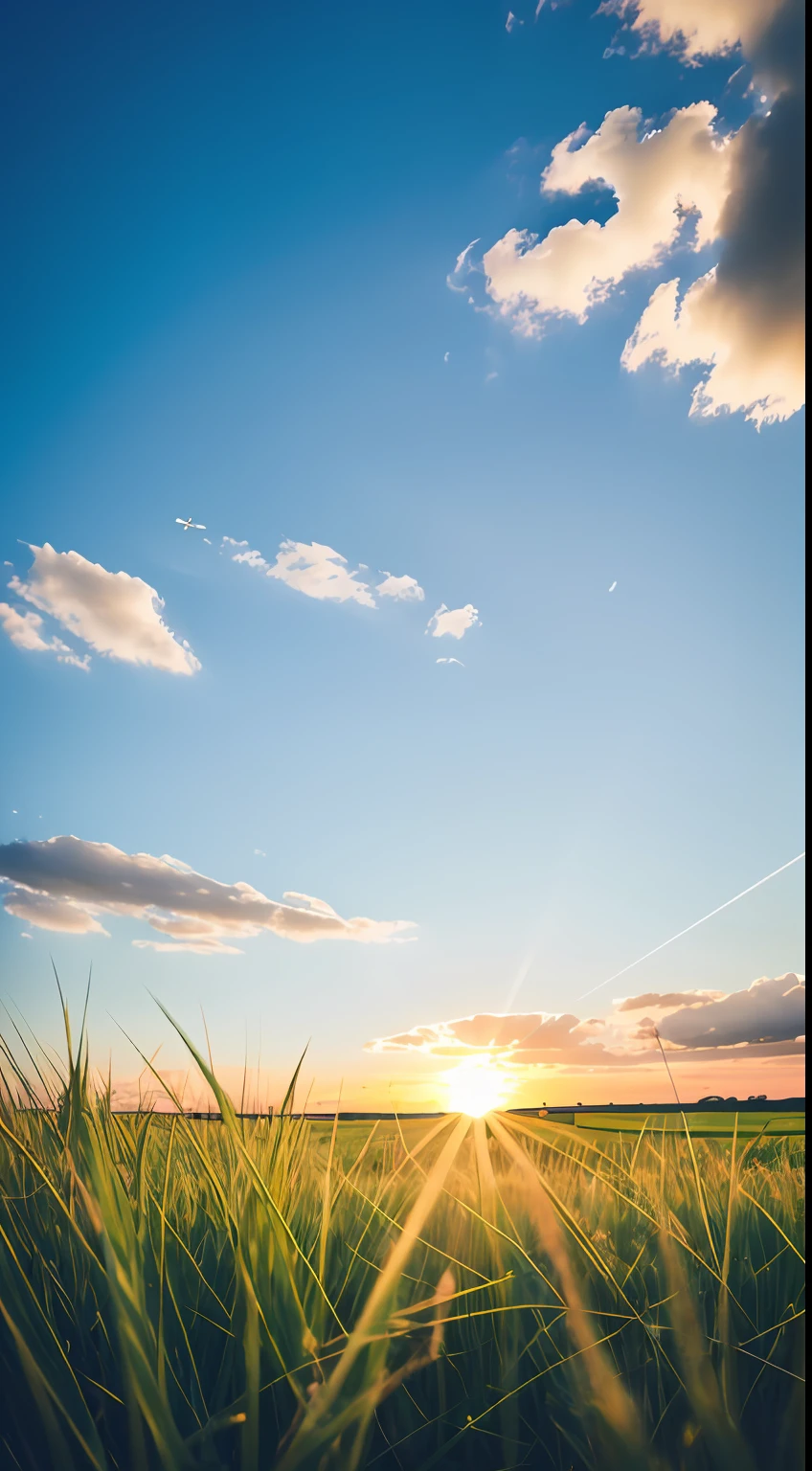 Photorealistic photography | midsummer | grassy fields | Looking Up The Sky | A passenger plane flew by --auto