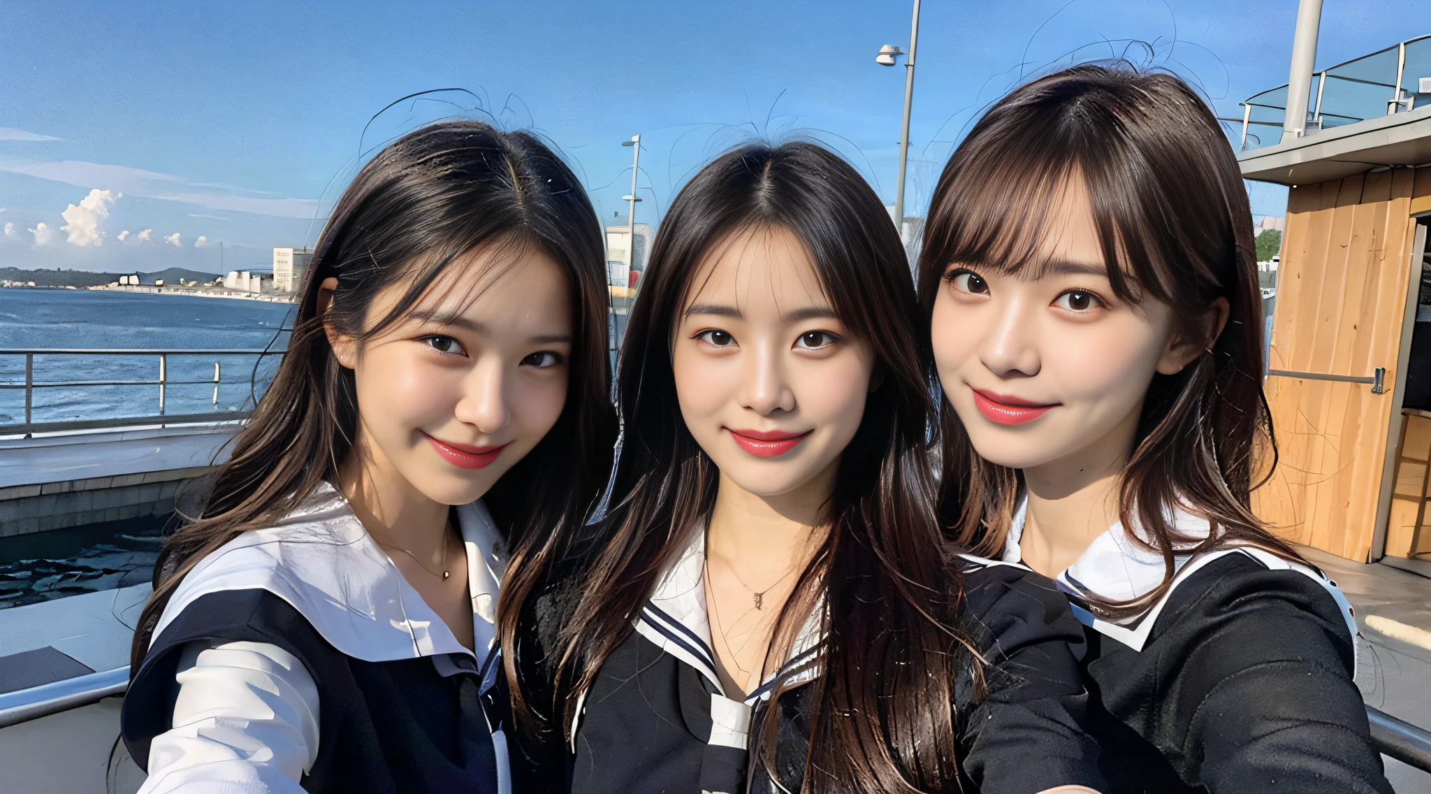 (8K、Raw photography、top-quality、masterpiece:1.2)、ultra-detailliert、ultra res、(realisitic、Real Photographics:1.47)、(Using the kiss you throw as a camera)From above、Camera from above、Camera angle from above、I'm looking at this with upward eyes、Arms outstretched、arms spread wide、High-quality images taken with a camera from above、Above the sea、、Offshore Girl(Fantastic lighting)head to waist、、de pele branca、Fair-skinned female proofreading、An ultra-high picture quality、、Beautiful female proofreading reflecting in light、amazing detailed、Beautiful girls in very detailed、Faces with different patterns、Different face patterns、Each hairstyle has its own characteristics、Farbe々Hairstyle、Farbe々Hair color shining with clean light、I enjoy fishing on a boat、Brown hair shining in the light、One has a ponytail、、Modern cute high school girl、very detailed faces very detailed eyes、Very realistic skin、 extremely detailed fingers, highly detailed nose, highly detail mouth, perfect anatomia, Highly detailed sailor suit、、The details of their hair and uniforms shine through、Two young women in sailor suits are taking pictures, loose coat collar sailor uniform, two japanese schoolgirls posing,