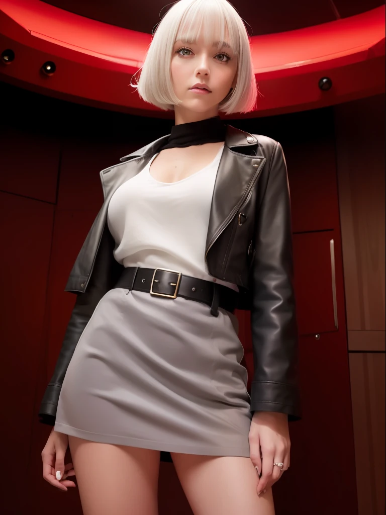 girl, caucasian, white hair, bob cut, bangs, grey eyes, big eyes, smirking confidently, thin, cropped red top, red skirt, belt, black pantyhose, boots, open trench coat, pirate hat, standing in space ship