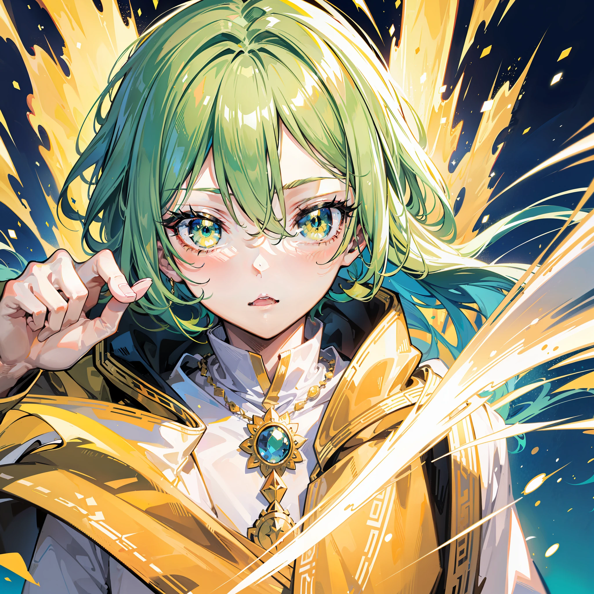 Splash screen, Swirling background, dynamic scene, 1boy, Boyboy, Young mage, (face, wide-eyed:1.5), Elegant and gorgeous gold robe, magic, fantasy, (Yellow_Theme:1.2), Holy light, Light_Rays，Green eyes