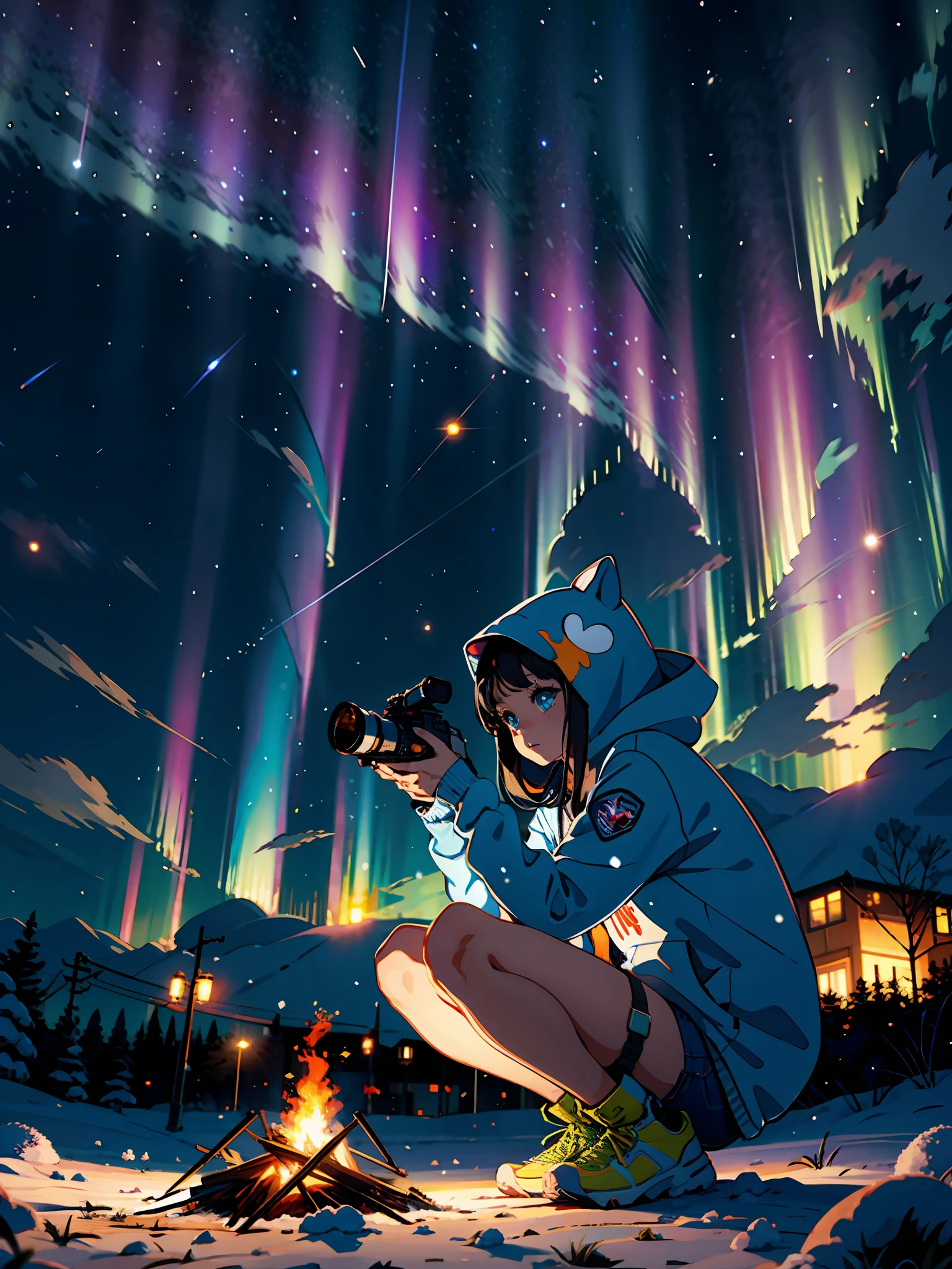 (masterpiece), (best quality:1.2), absurdres, [:intricate details:0.2], 1girl, front view, aurora, black hair, camera, campfire, city lights, constellation, crescent moon, earth_\(planet\), galaxy, hood, hood down, hooded jacket, lamppost, light particles, long hair, long sleeves, milky way, night, night sky, outdoors, planet, power lines, shooting star, sitting, sky, skyscraper, snow, snowing, solo, squatting, star_\(sky\), starry sky, starry sky print, telescope, tree, twilight, winter, cat