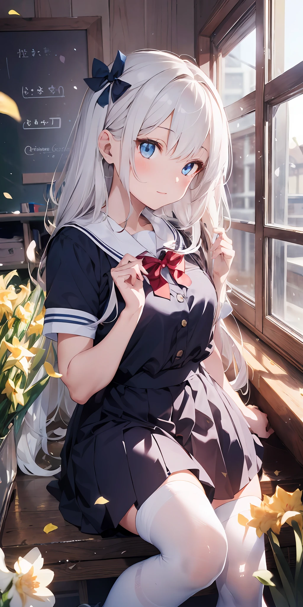 1girl, beautiful detailed eyes, long white hair, light blue eyes, school uniform, high white stocking, lustrous skin, flower, daffodil, hyacinth, falling petals, , high contrast, ((masterpiece, best quality))